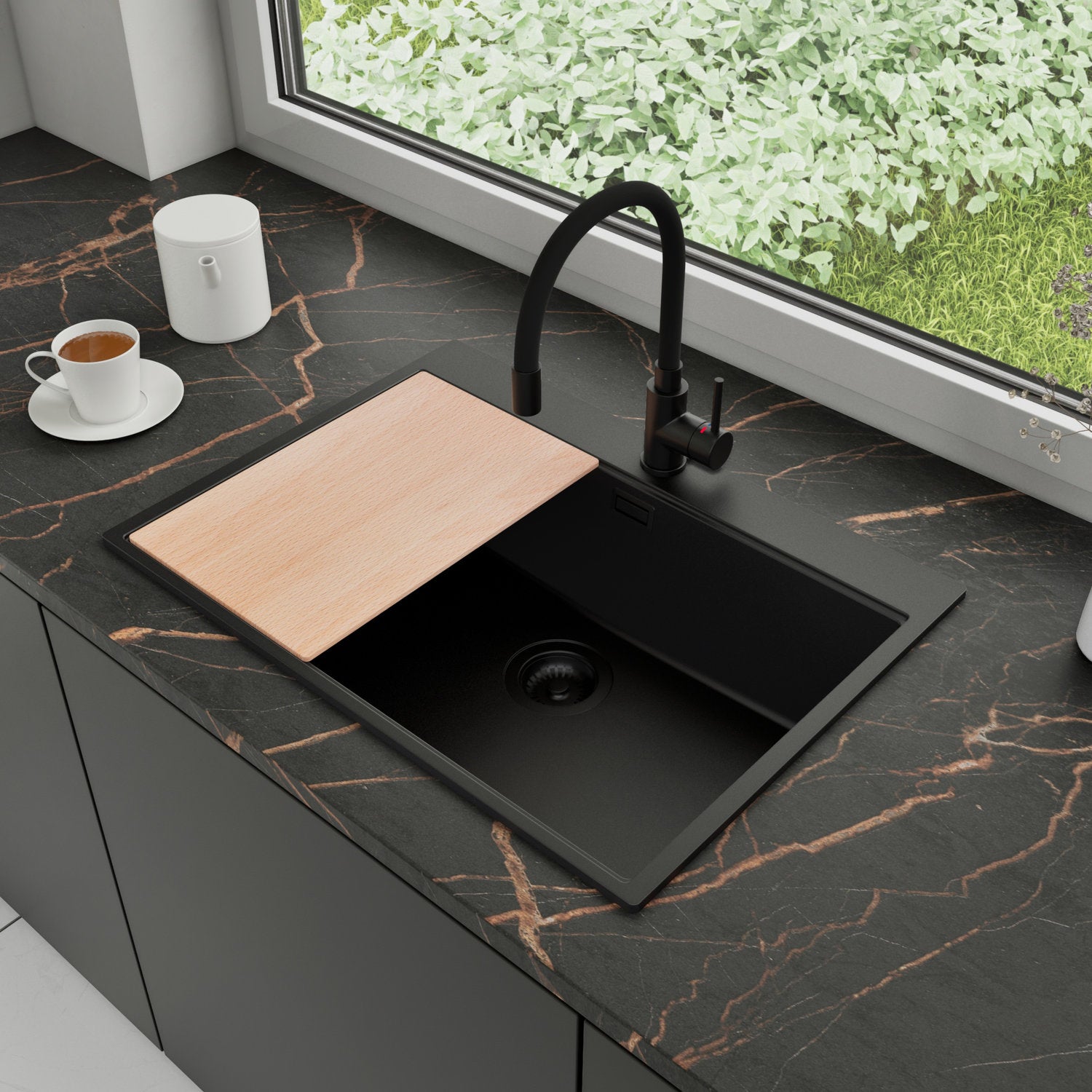 Zlewozmywak Granitowy 68x50cm, do szafki od 70cm + Bateria + Syfon + Deska - Rubin Cały Czarny STONESTYLE