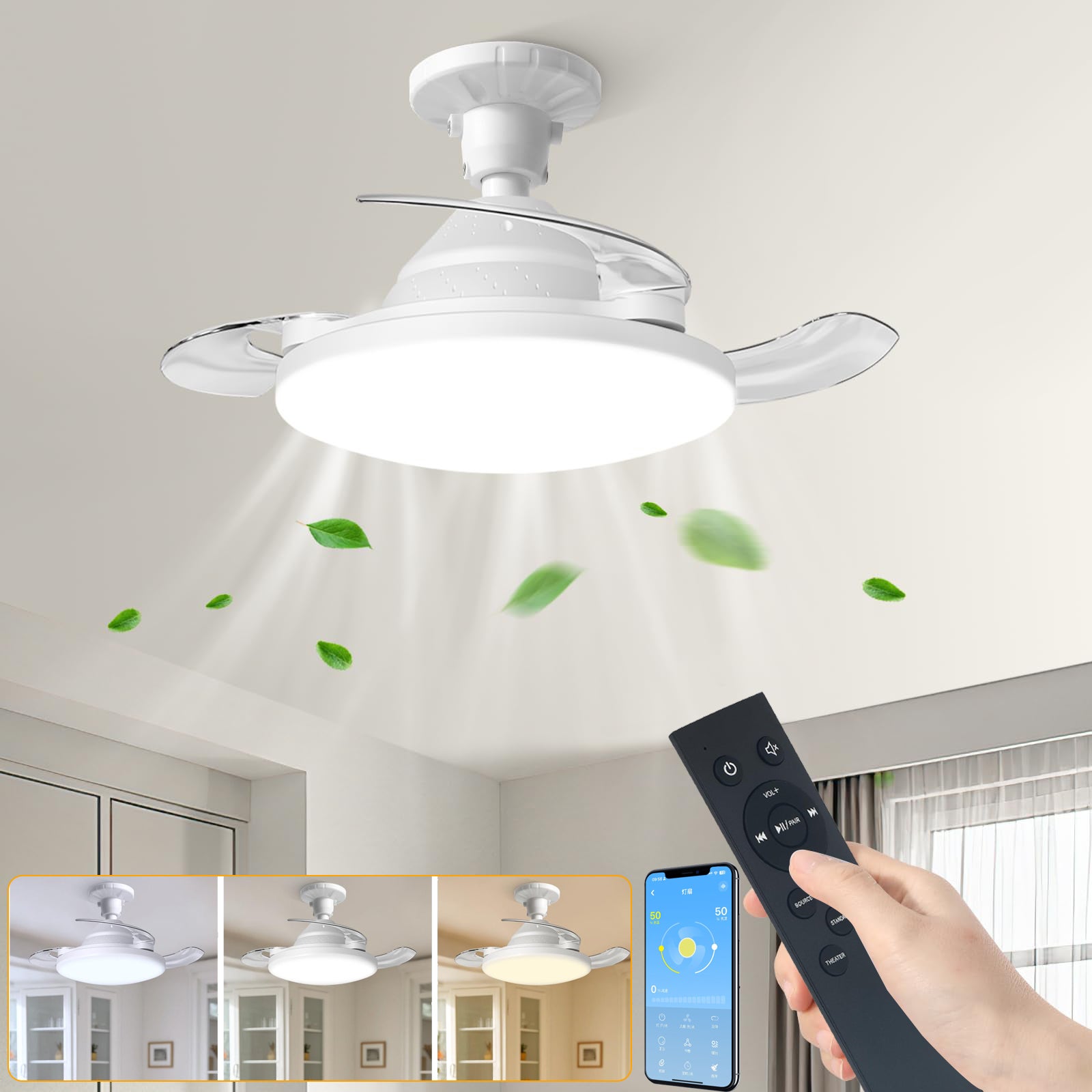 Wentylator sufitowy z oświetleniem LED, pilot/aplikacja, mały wentylator LED, 4 prędkości, możliwość ściemniania, 38 cm (z trzonkiem E27)