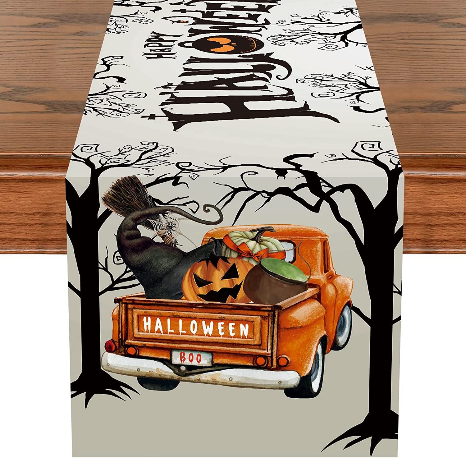 Bieżnik na stół Happy Halloween, 33 x 183 cm, szare drewno i motyw ciężarówki, na jesień, przyjęcia, do kuchni, jadalni, poliester, dekoracja