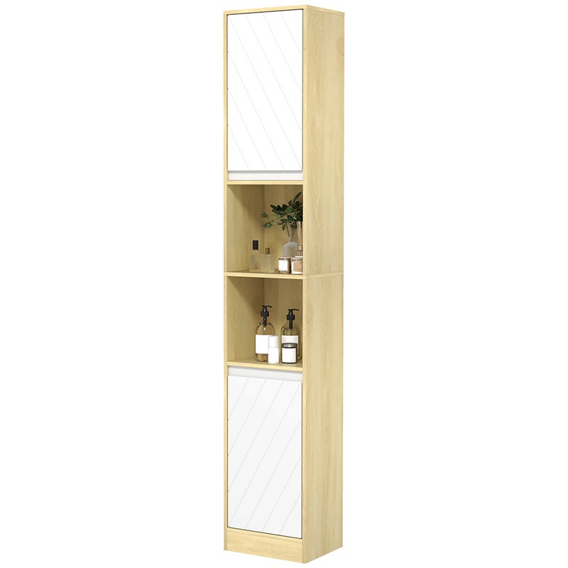 Drewniana kolumna łazienkowa oszczędzająca miejsce, z 2 szafkami i półkami, 30 x 24 x 170 cm, dąb i biel