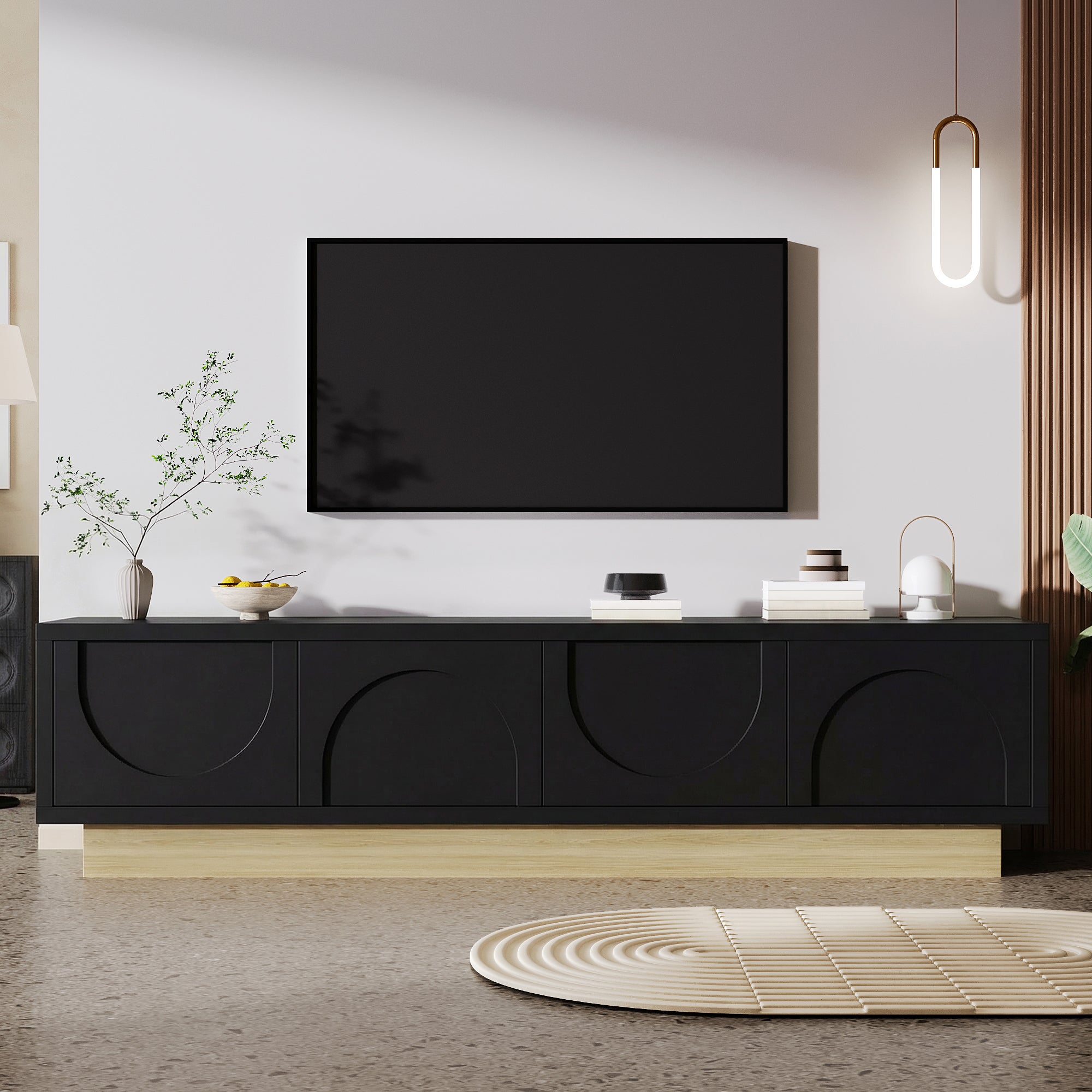 Nowoczesna szafka pod telewizor 175 x 40 x 42 cm - zakrzywiony kształt - 4 drzwi - podstawa imitująca drewno - MDF - czarna