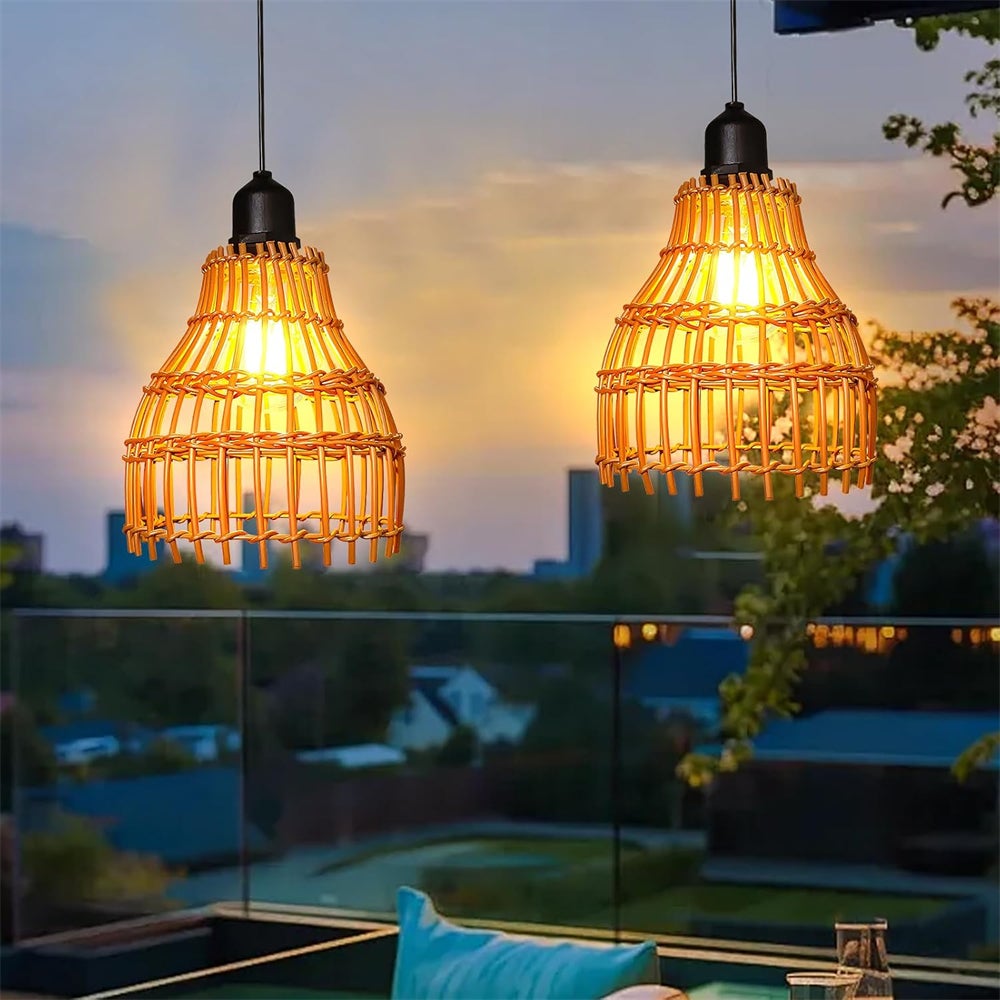 Zestaw 2 przenośnych lamp wiszących z rattanu, bez ładowania, odpowiednie do ogrodu, na taras, do salonu, sypialni (bez baterii)