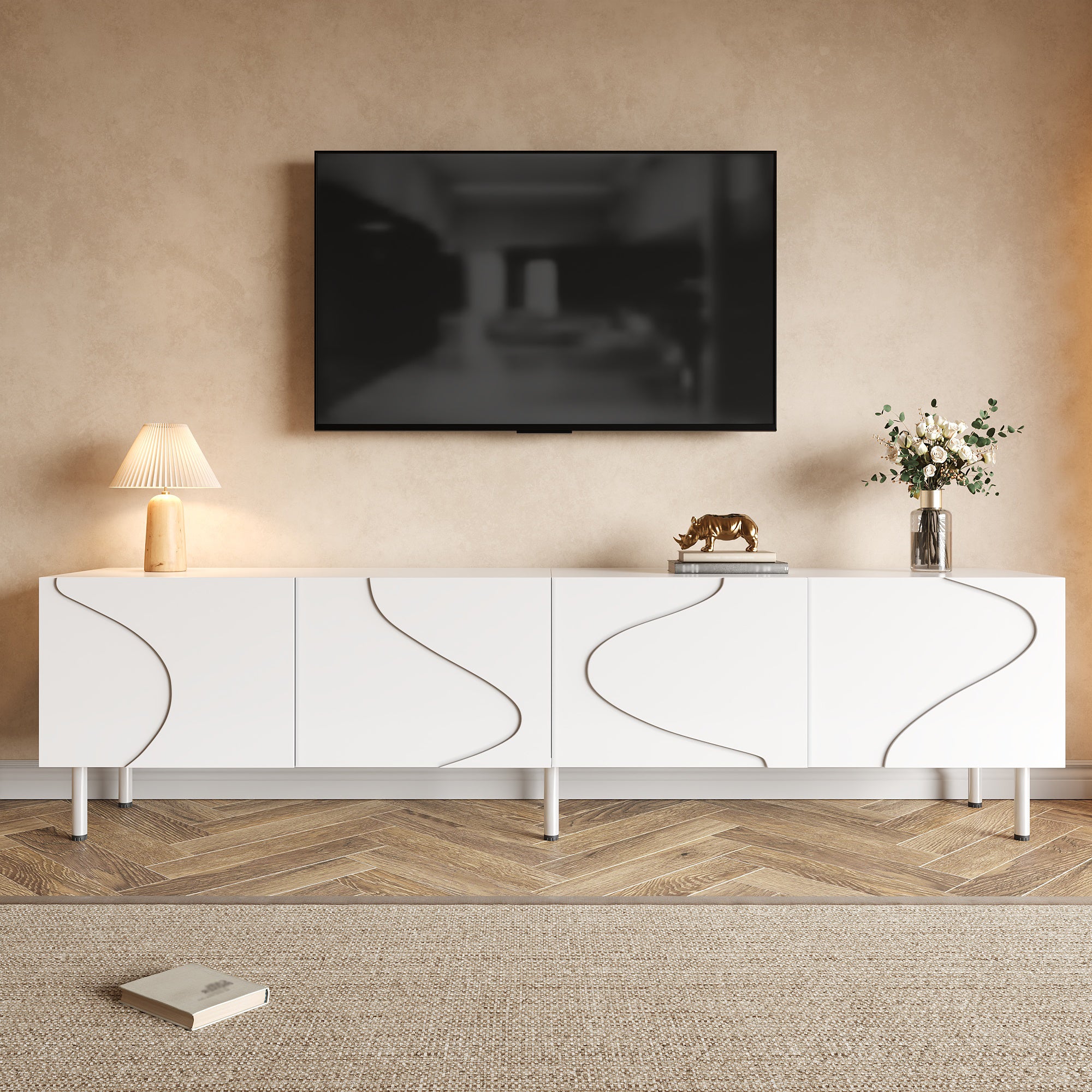 Stolik pod telewizor z 4 drzwiami i mechanizmem otwierania push-to-open - 170 x 35 x 50 cm - Płyta wiórowa i MDF - Nogi metalowe - Kolor biały