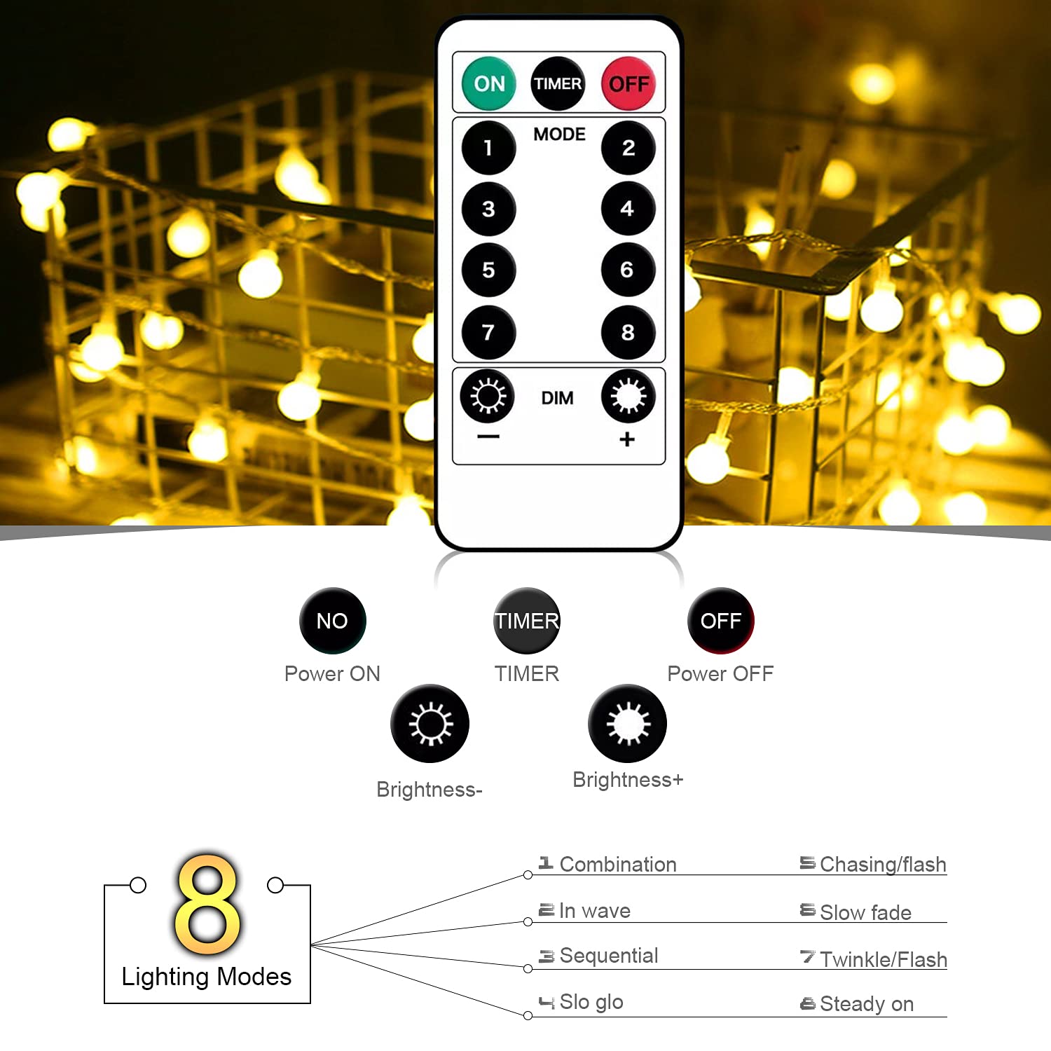 Zewnętrzna girlanda świetlna, 10m 80LED, zasilana bateriami LED, wodoodporna IP65, 8 trybów z pilotem, idealna na balkon (ciepła biel)