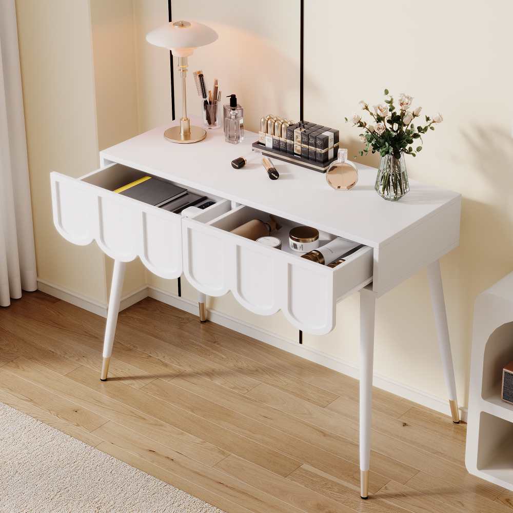 Toaletka biurko 2 szuflady biały, nowoczesny stolik do makijażu i pracy home office, metalowe nogi MDF 100x40x76 cm
