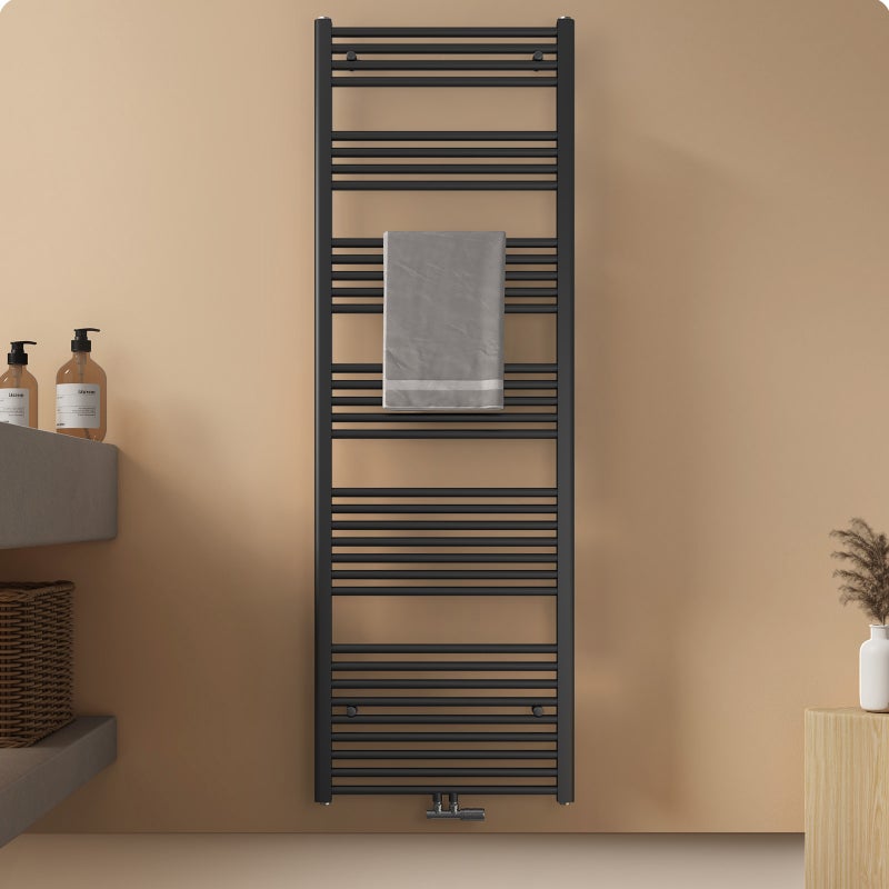 EMKE Grzejnik Łazienkowy Wodny - Okrągłe Profile Antracytowy Mat - Podłączenie Dolne - 860 W, 1800 x 600 mm
