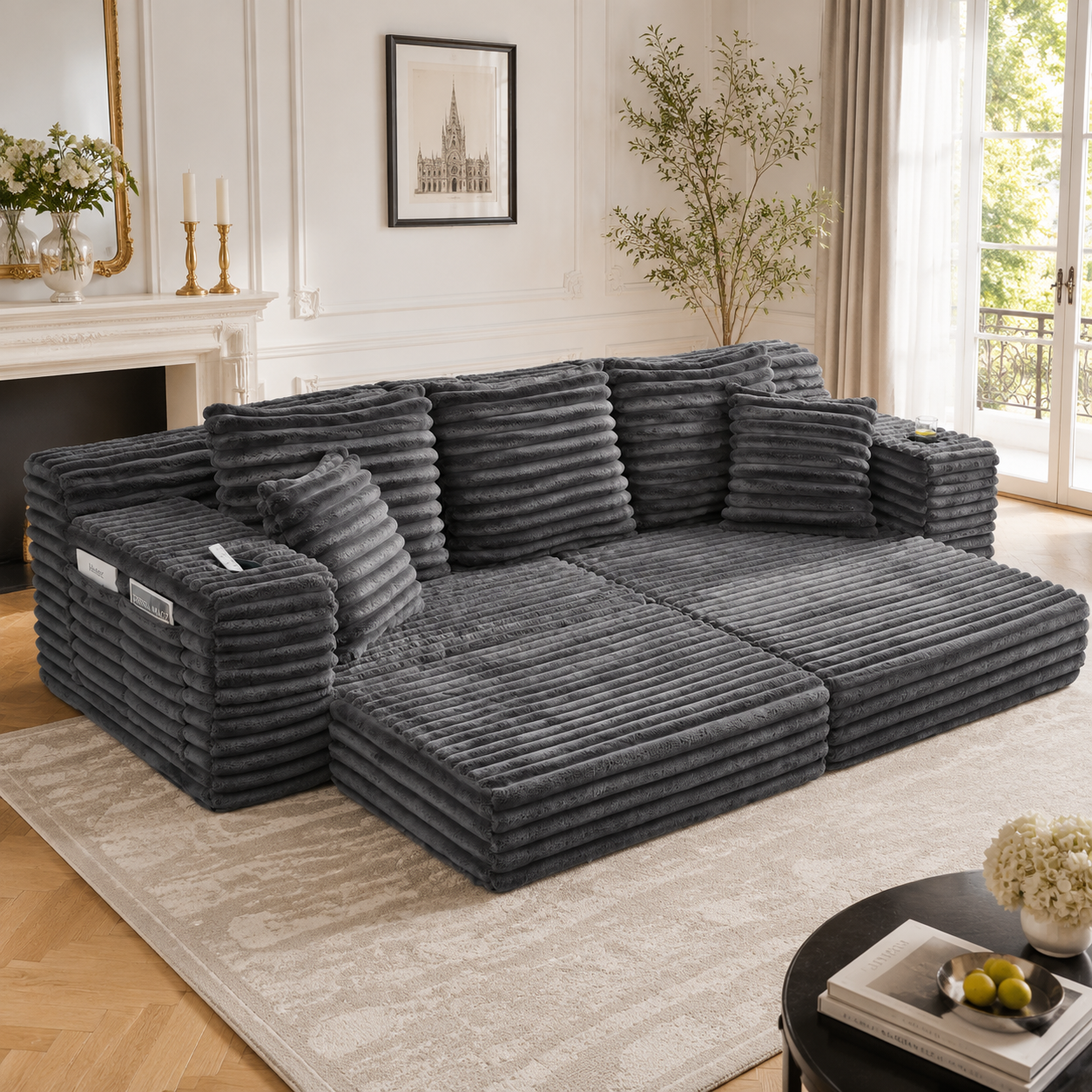 Sofa 273 x 98 x 87cm, welur, do salonu, do codziennego użytkowania, funkcjonalny element wyposażenia
