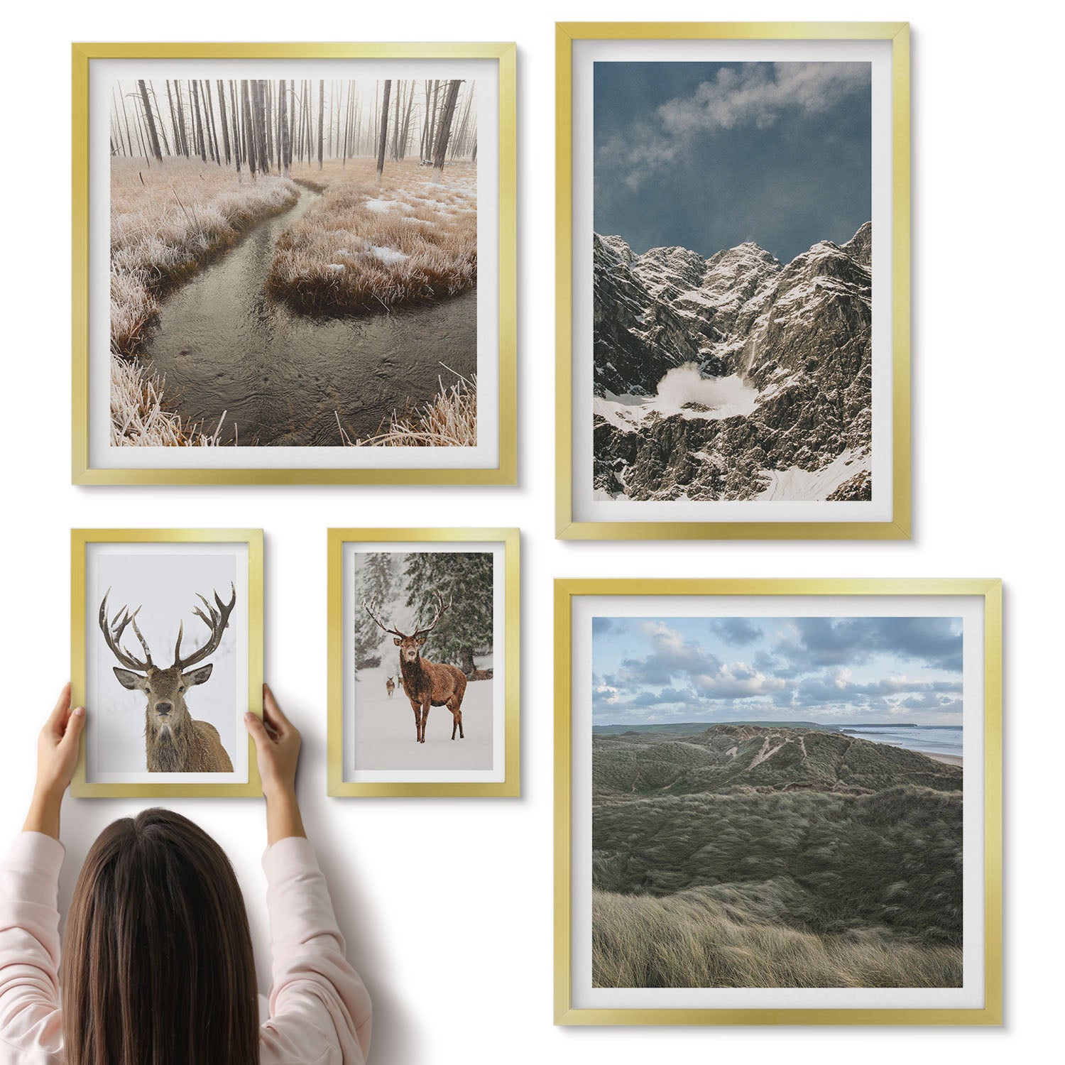 Galeria ścienna 5-częściowy komplet obrazów w złotych ramach - Dzika natura i majestatyczne krajobrazy górskie - ArtPrintCave
