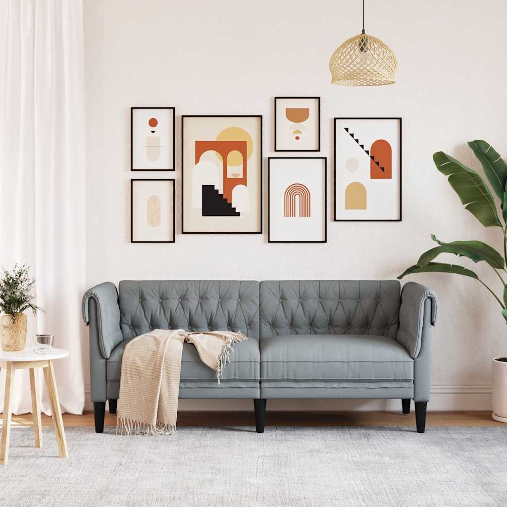 Sofa Chesterfield, dwuosobowa, jasnoszara, obita tkaniną