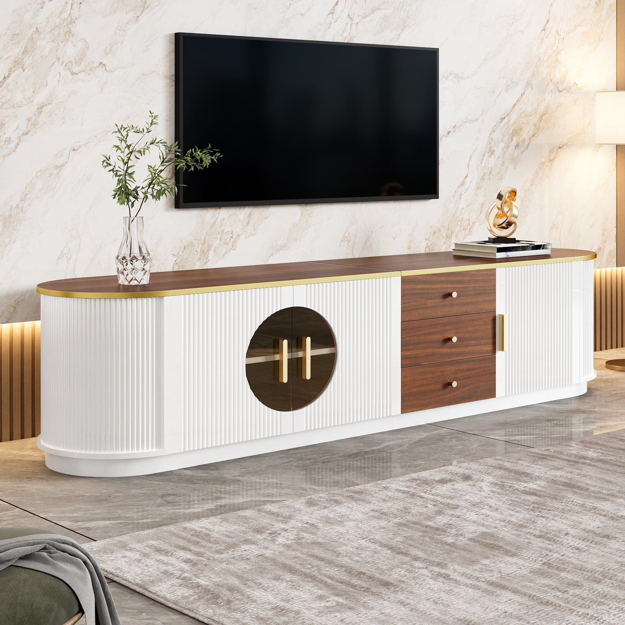 Szafka RTV z 3 drzwiami i 3 szufladami - 180 x 40 x 46 cm - MDF - Okrągłe drzwi szklane i organizer na kable - Biały i orzechowy