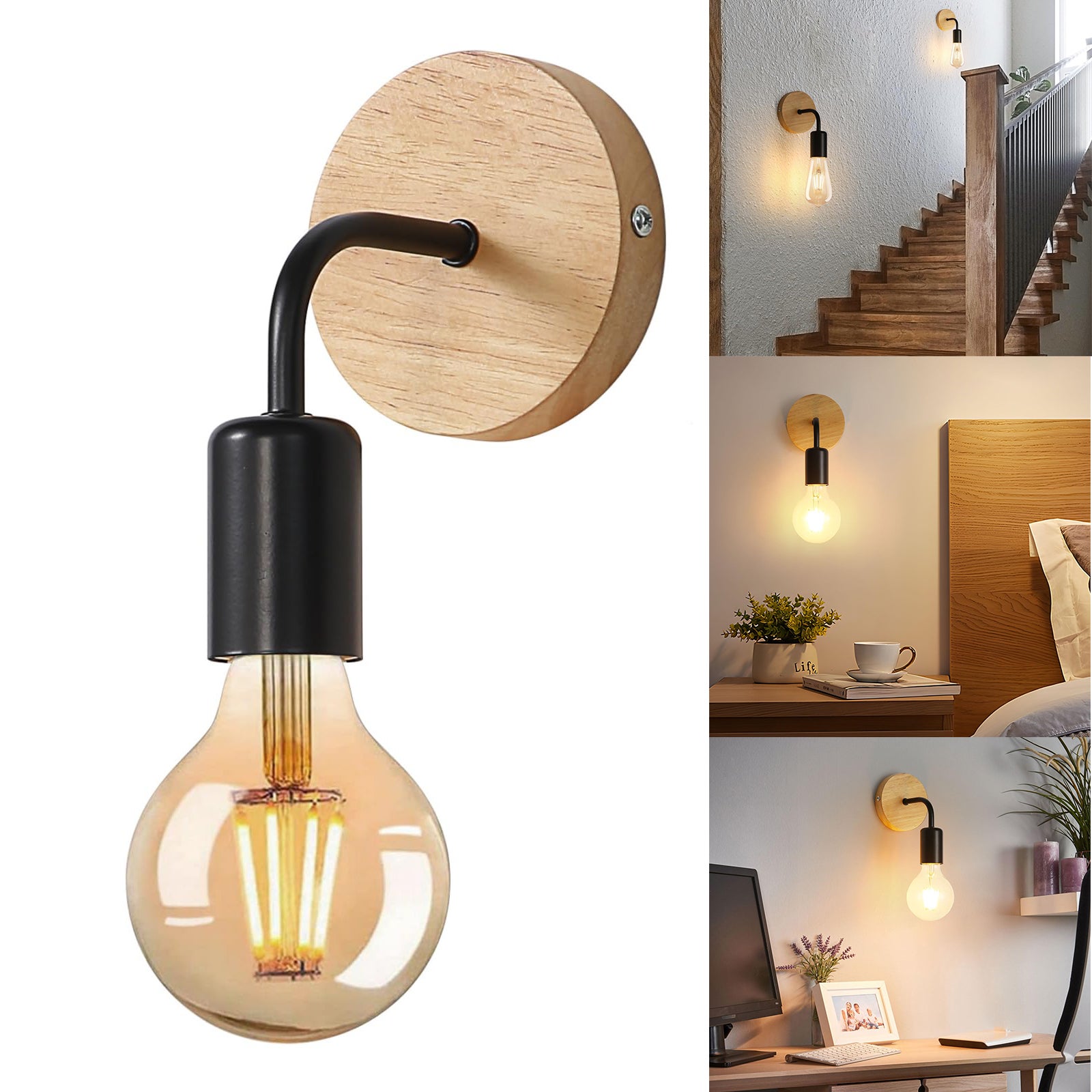 Drewniany kinkiet, przemysłowy kinkiet wewnętrzny, żarówka nie dołączona, lampa wewnętrzna w stylu vintage E27 do sypialni, salonu, korytarza, czarna