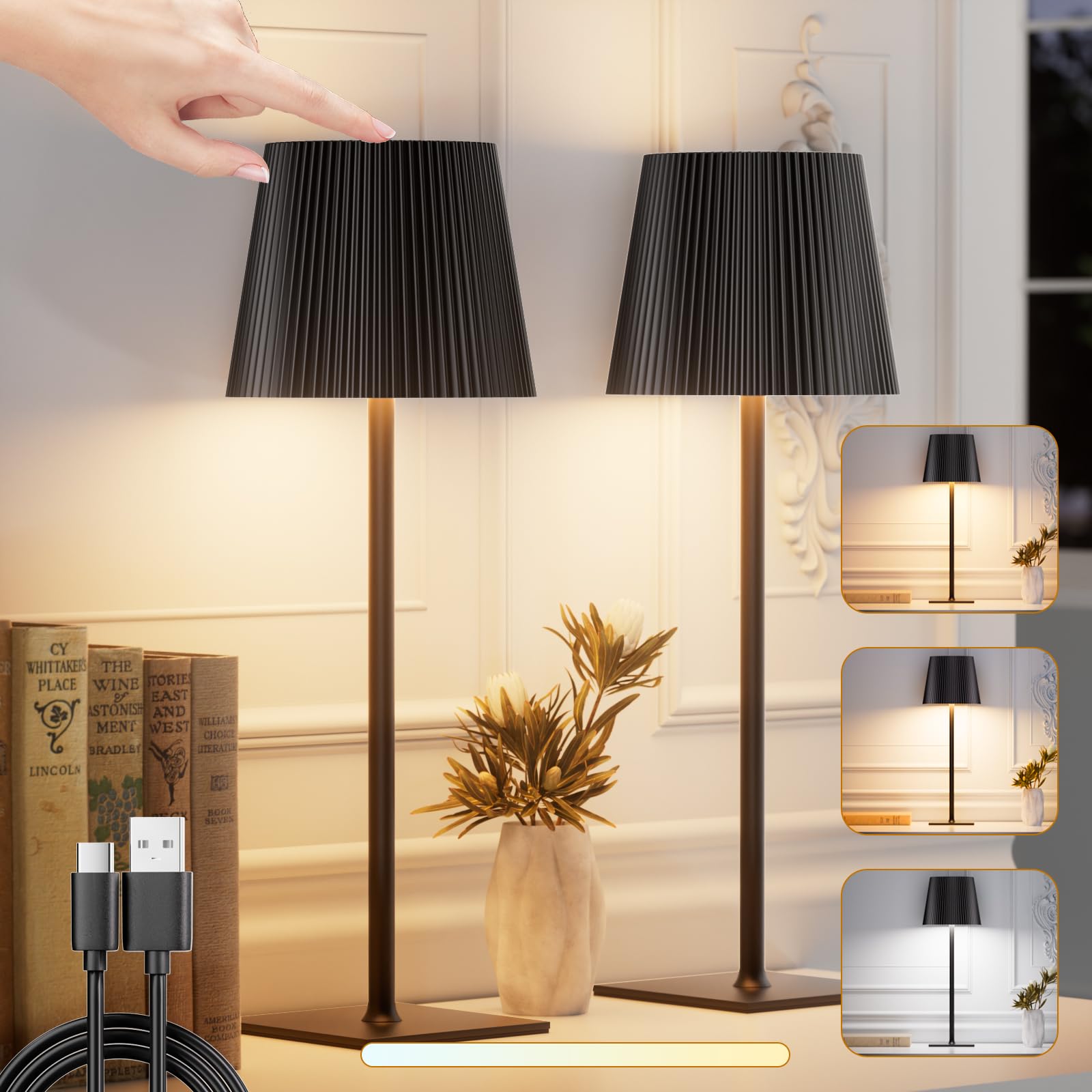 Zestaw 2 lamp stołowych bezprzewodowych, lampka LED ładowana, 3 temperatury kolorystyczne, biurkowa lampka o regulowanej jasności na nocną szafkę, bar