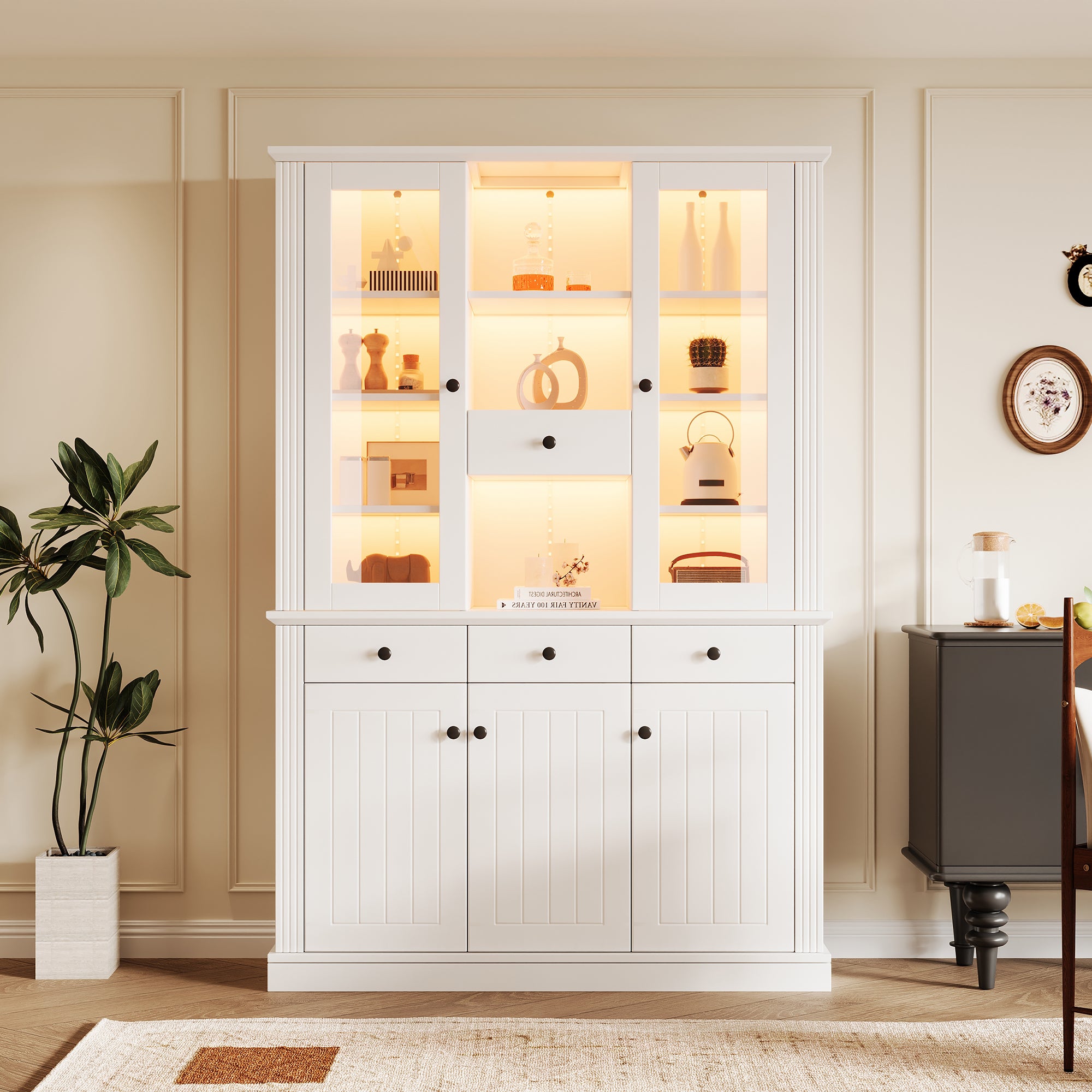 Witryna 119,5x40x180 cm - z 4 szufladami i 5 drzwiami - Oświetlenie LED - 21 przegródek - Płyta MDF - Biały