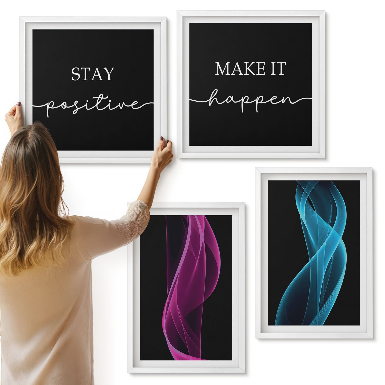 Galeria ścienna 4-częściowy komplet obrazów w białych ramach - Fale kolorowych neonowych linii na ciemnym tle - ArtPrintCave