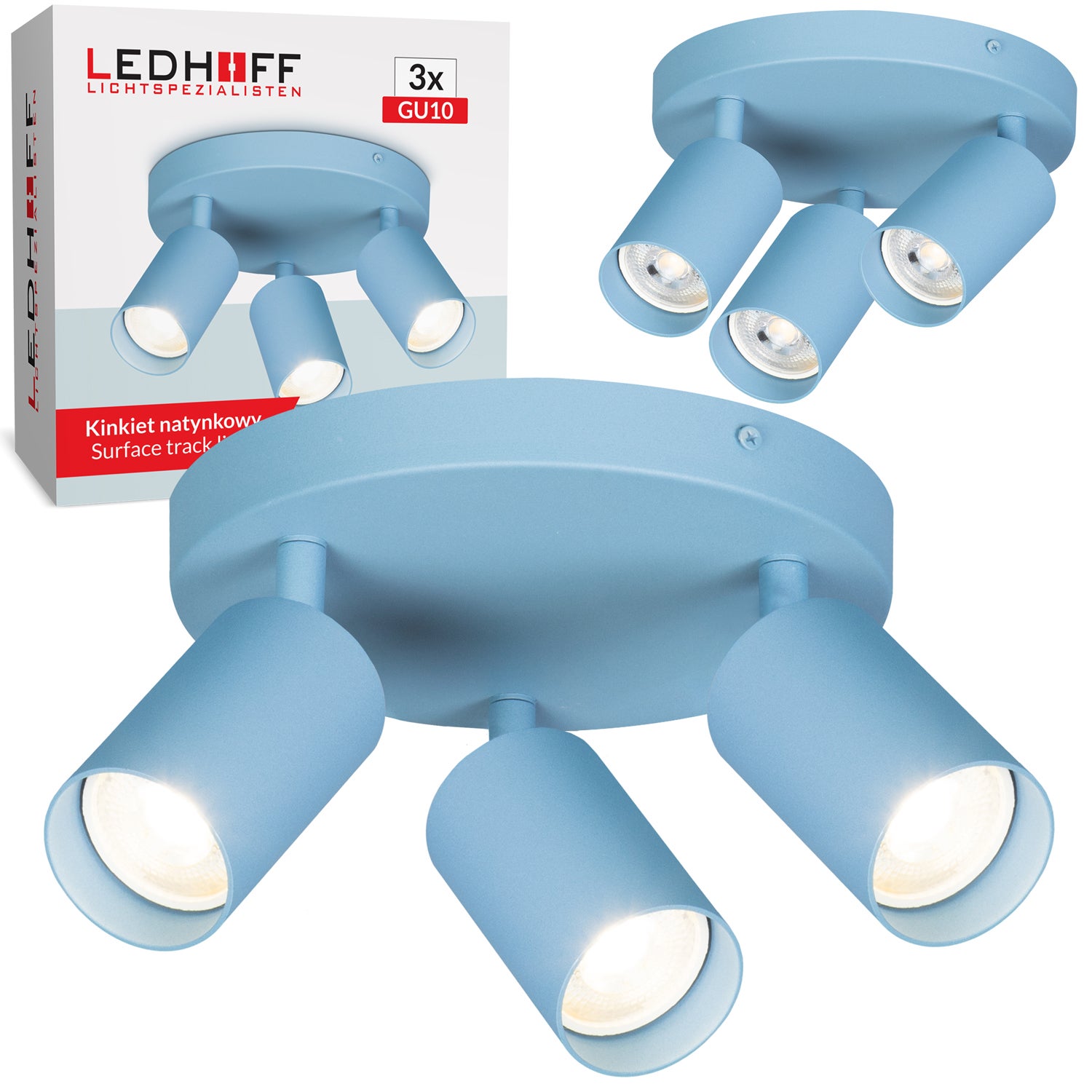 Lampa sufitowa NIEBIESKA okrągła 3x GU10 Plafon na sufit DLA CHŁOPCA do pokoju dziecięcego BŁĘKITNA oprawa - LEDHOFF