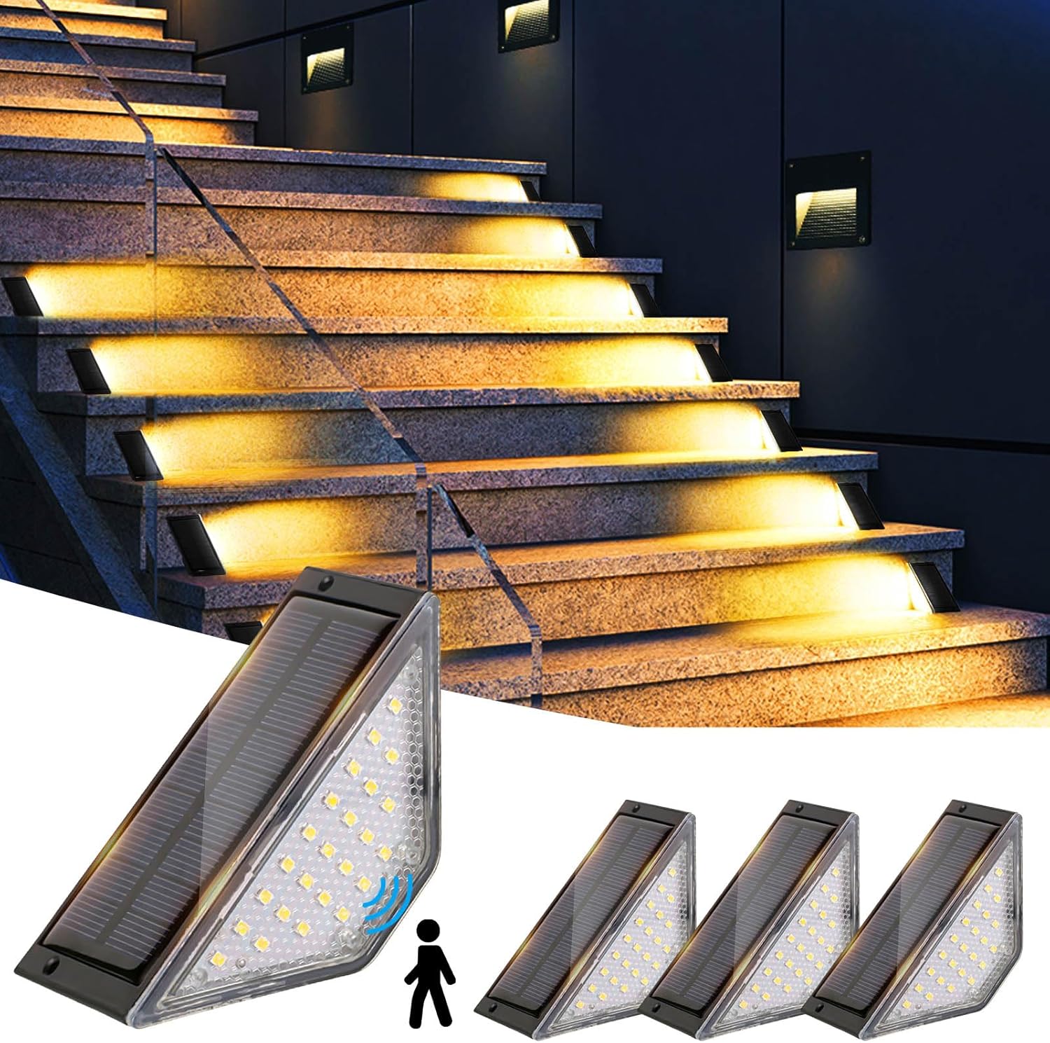 Lampy solarne na schody, 4 zewnętrzne lampy solarne LED, wodoodporne lampy solarne do ogrodu na schody i tarasy