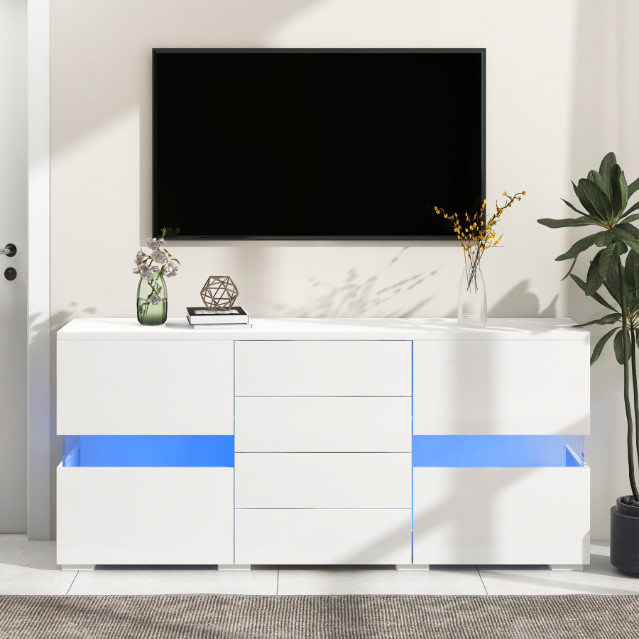 Biały kredens z czterema szufladami i dwiema drzwiami, wymiary 140×35×72 cm (wys.×szer.×gł.)