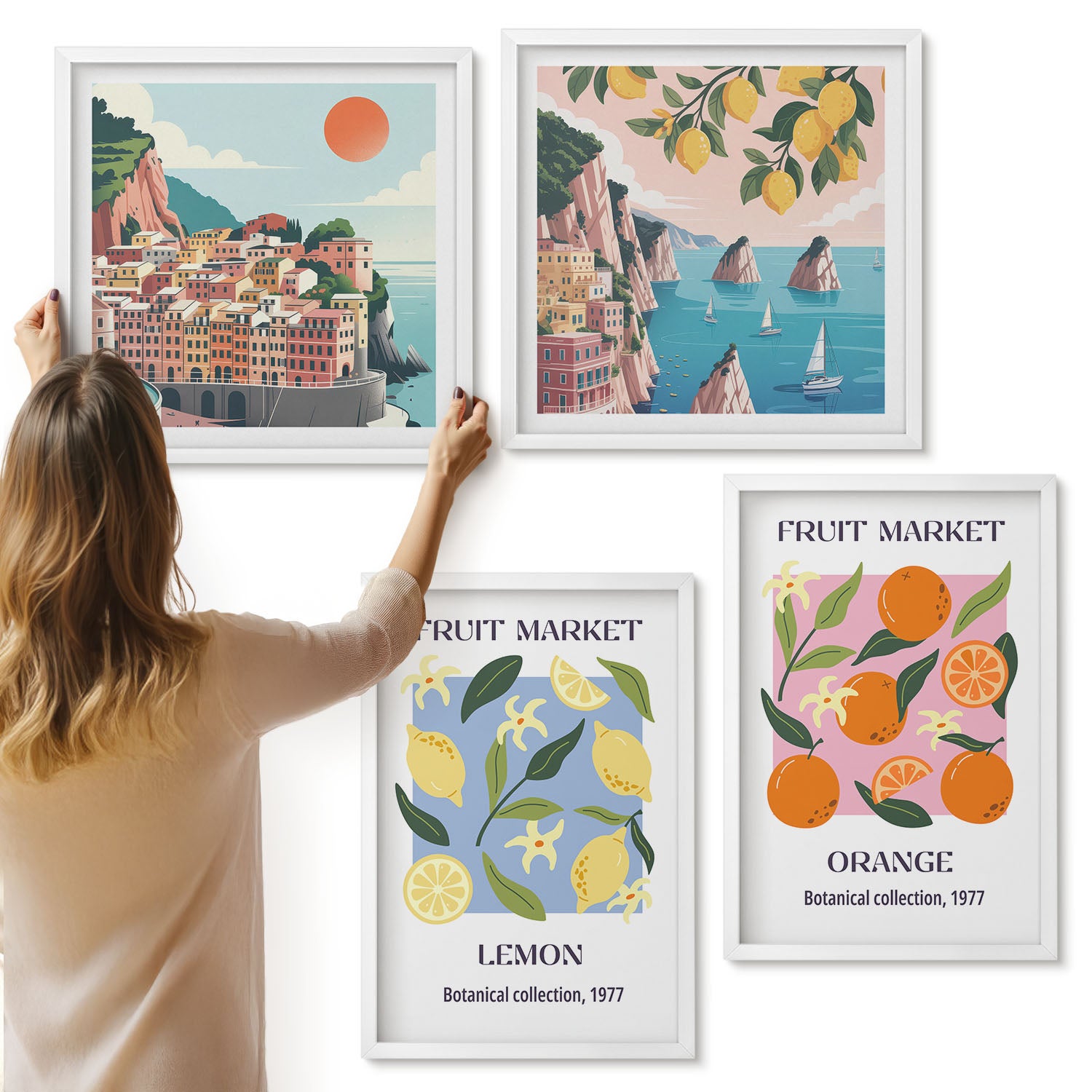 Galeria ścienna 4-częściowy komplet obrazów w białych ramach - Owocowe postery z cytrynami pomarańczami włoskie widoki - ArtPrintCave