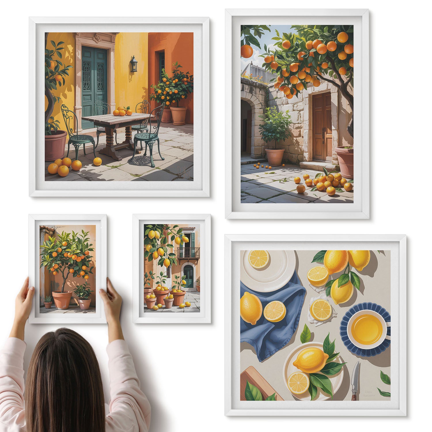 Galeria ścienna 5-częściowy komplet obrazów w białych ramach - Owoce cytrusowe w słonecznych ogrodach i na tarasach - ArtPrintCave