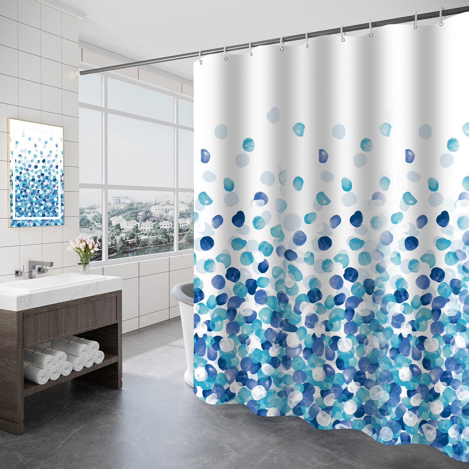 Zasłona Prysznicowa Poliestrowa, Można Prać w Pralce, 180x200 cm, z Obciążonym Dołem i 12 Haczykami, Zasłona do Wanny do Łazienki, Wzór Bul