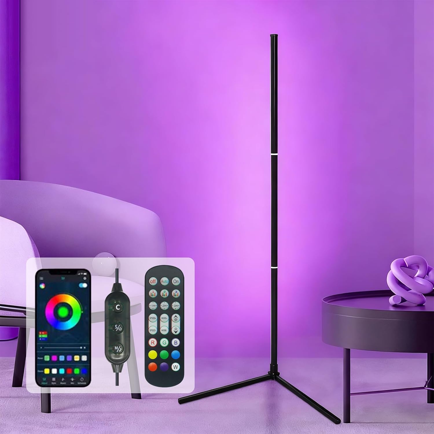 Lampa stojąca LED narożna RGB, lampa do salonu o wysokości 150 cm z sterowaniem przez aplikację i pilotem, lampa Bluetooth do dekoracji imprez