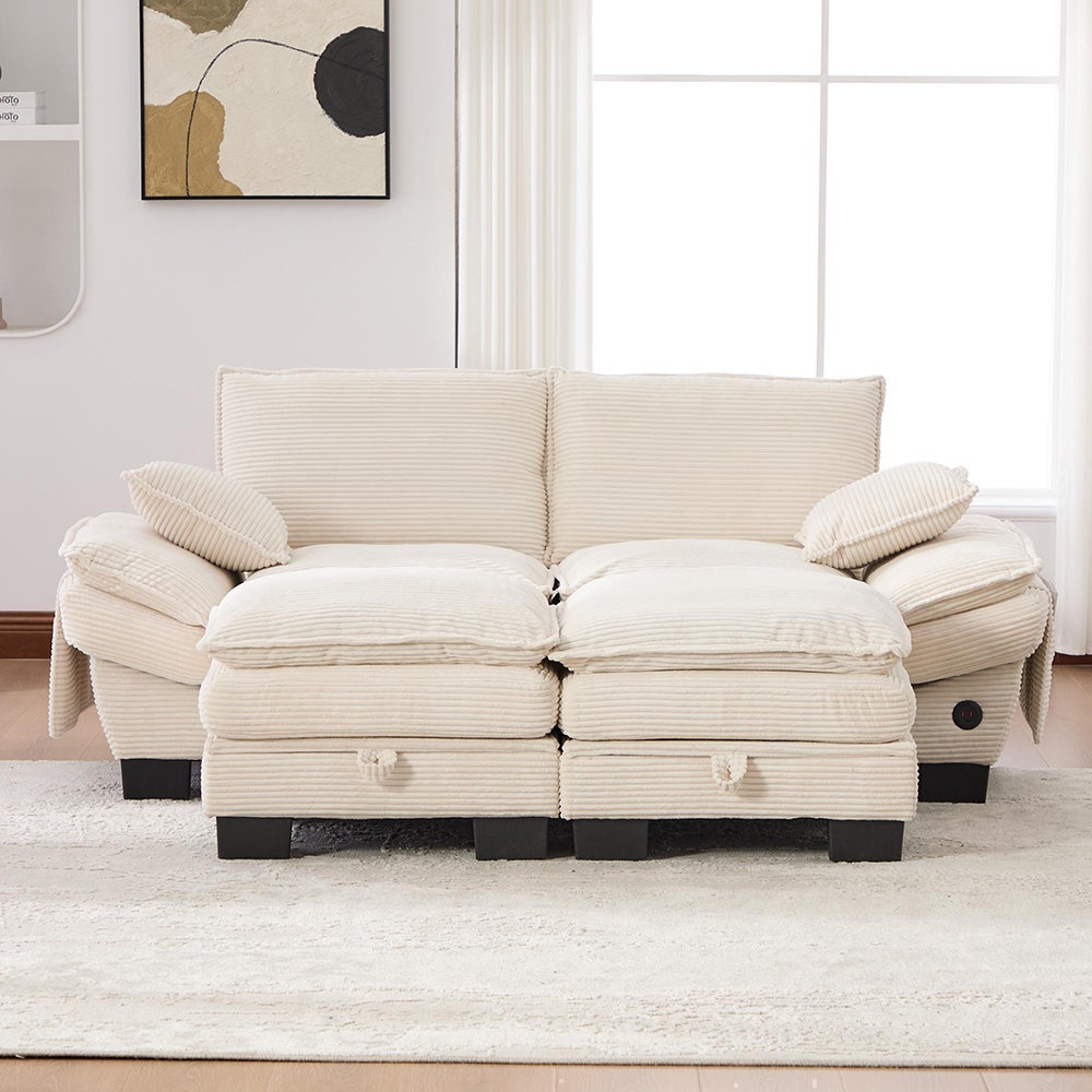 2-osobowa sofa z aksamitu w prążki, z dwoma podnóżkami, pianka o wysokiej gęstości, port USB-C i kieszenie boczne, beżowa