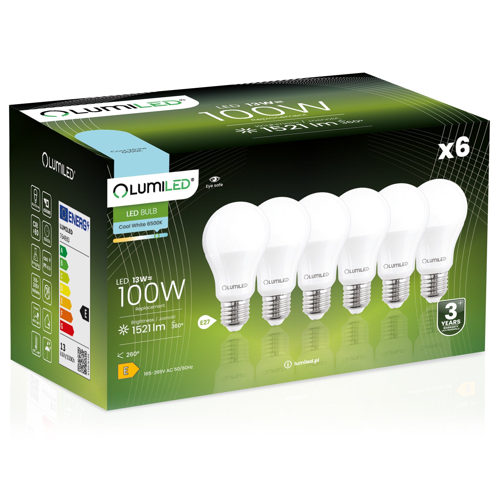 Żarówka LED Lumiled E27 A60 13W 1521lm 6500K Zimna biel 260st 6 szt.