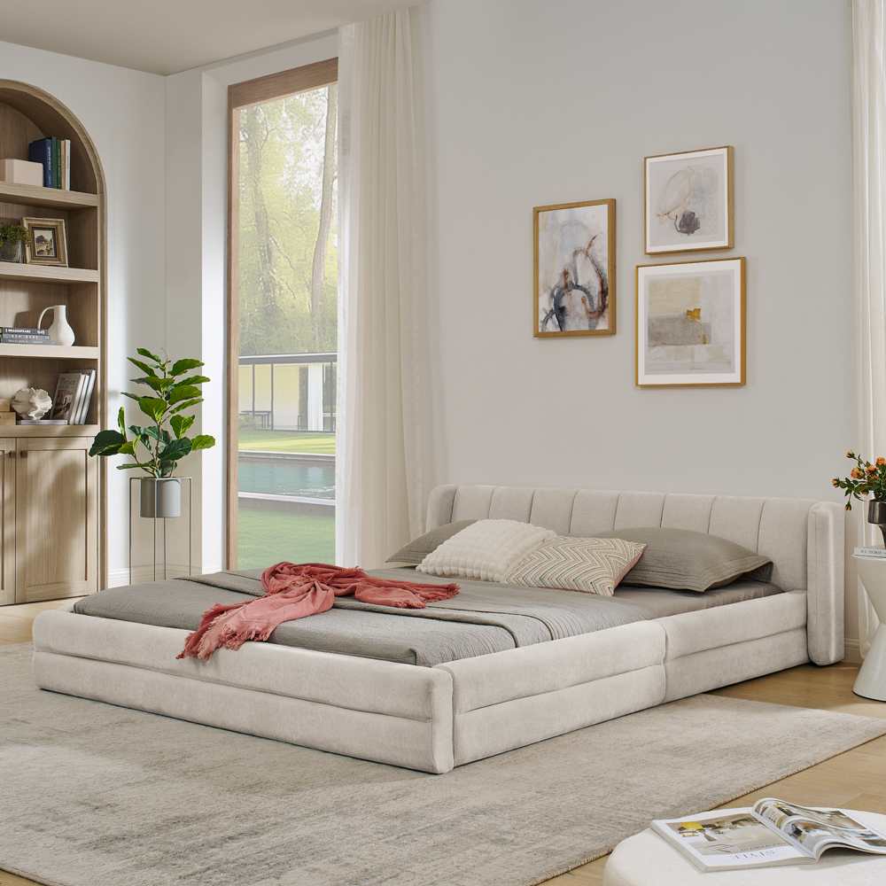 Doppelbett 160×200cm z Chenille-Bezug, wygodny Rückenlehne, solidny Eukalyptus- und Eisengestell, łatwy montaż, geräuscharm