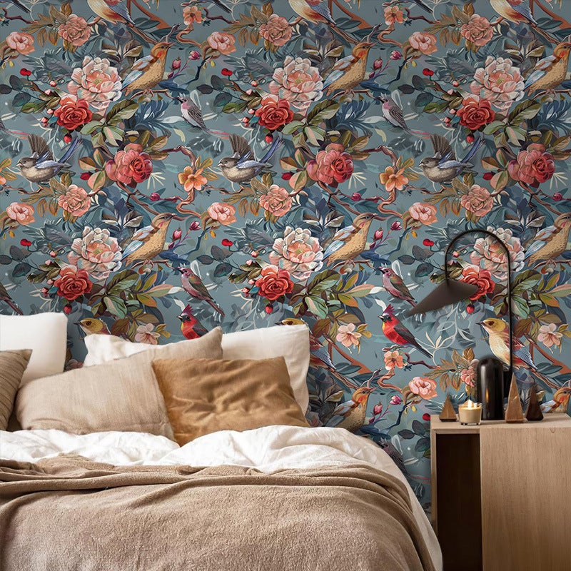 Tapeta vintage z motywem ptaków i kwiatów – Tapeta dekoracyjna – Tapeta winylowa samoprzylepna (43 x 300 cm)