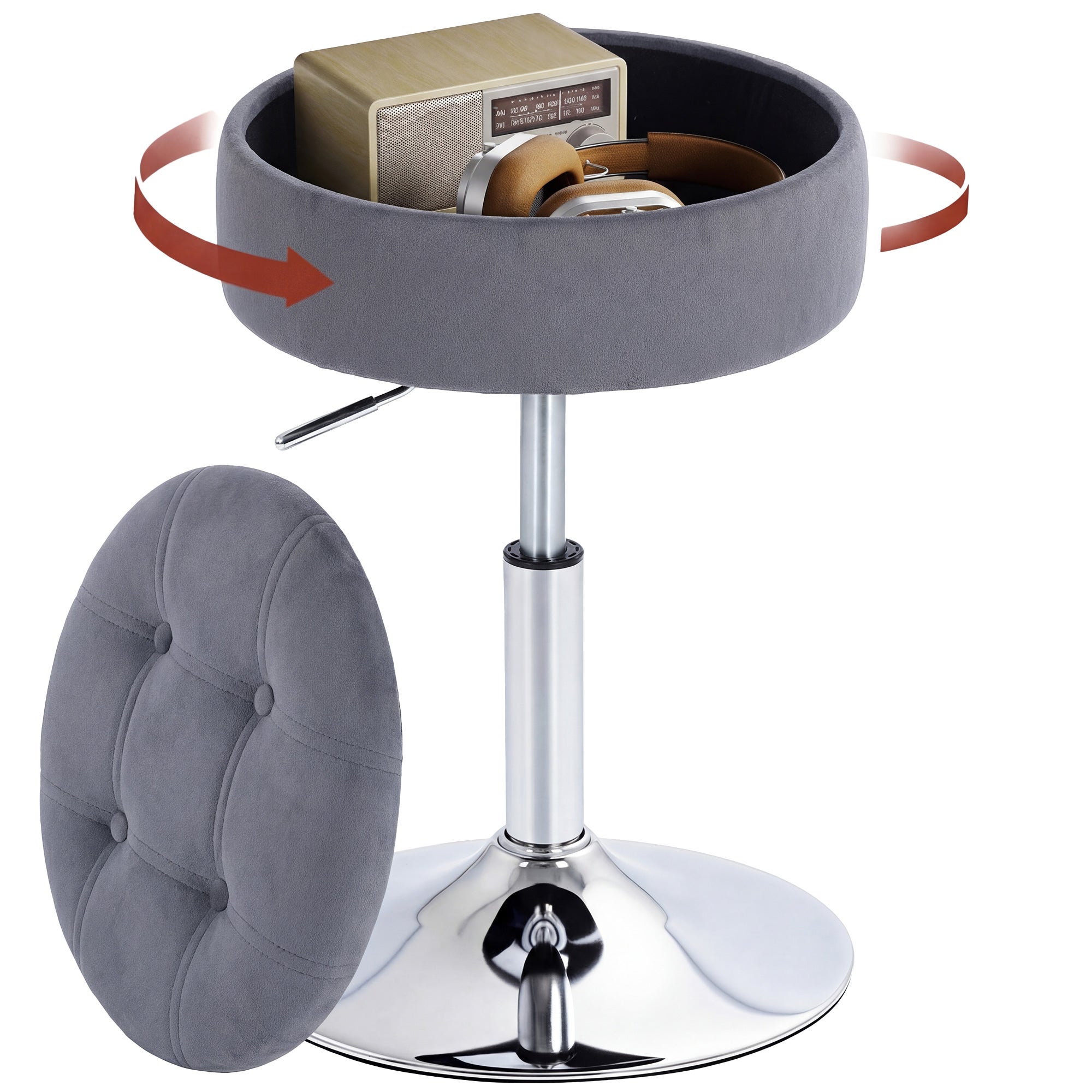 Taboret toaletowy z aksamitu, obrotowy do makijażu ze schowkiem, regulowana wysokość 49-65 cm, szary