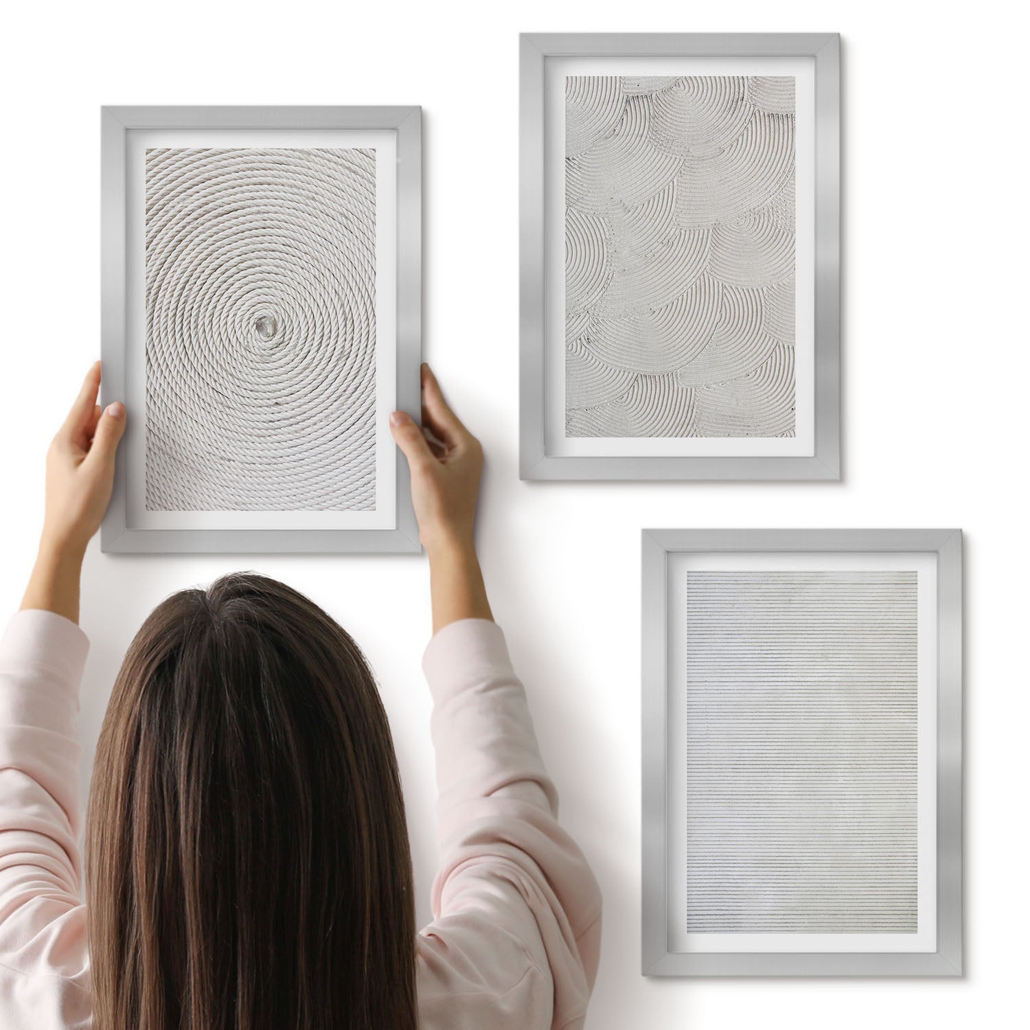 Galeria ścienna 3-częściowy komplet obrazów w srebrnych ramach - Geometryczne tektury nowoczesne wzory - ArtPrintCave