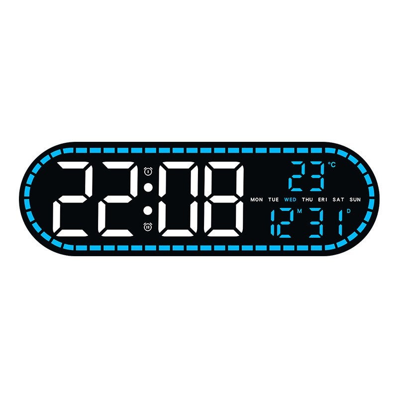 Zegar ścienny LED, owalny elektroniczny zegar dekoracyjny z budzikiem i kalendarzem, do salonu, sypialni, Gh9009, czarna obudowa, niebieskie światło