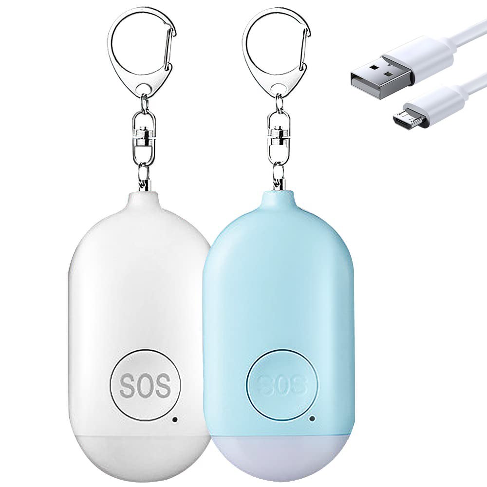 Zestaw alarmów osobistych ładowanych przez USB dB z awaryjną latarką LED i syreną dla kobiet, starszych dzieci biało-niebieski