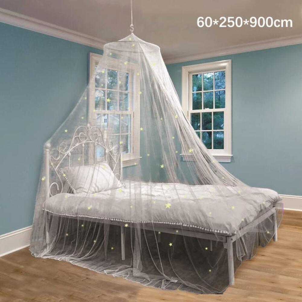 Moskitiera z świecącymi gwiazdkami, baldachim moskitiera, dekoracja do pokoju dziecięcego lub osoby dorosłej, 60 x 250 x 900 cm, biała