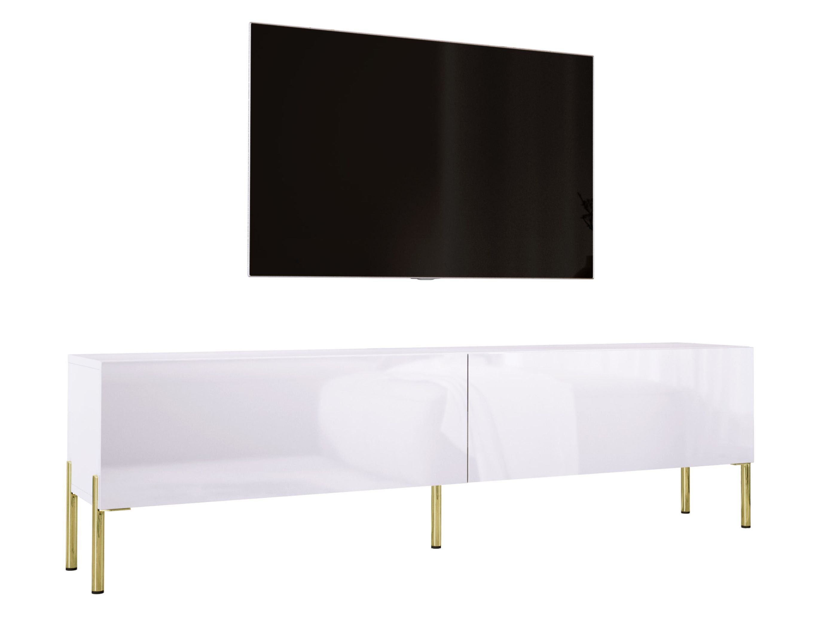 Szafka RTV: Biały Matowy / Biały Błyszczący, złote nogi, 170 x 52 x 32 cm