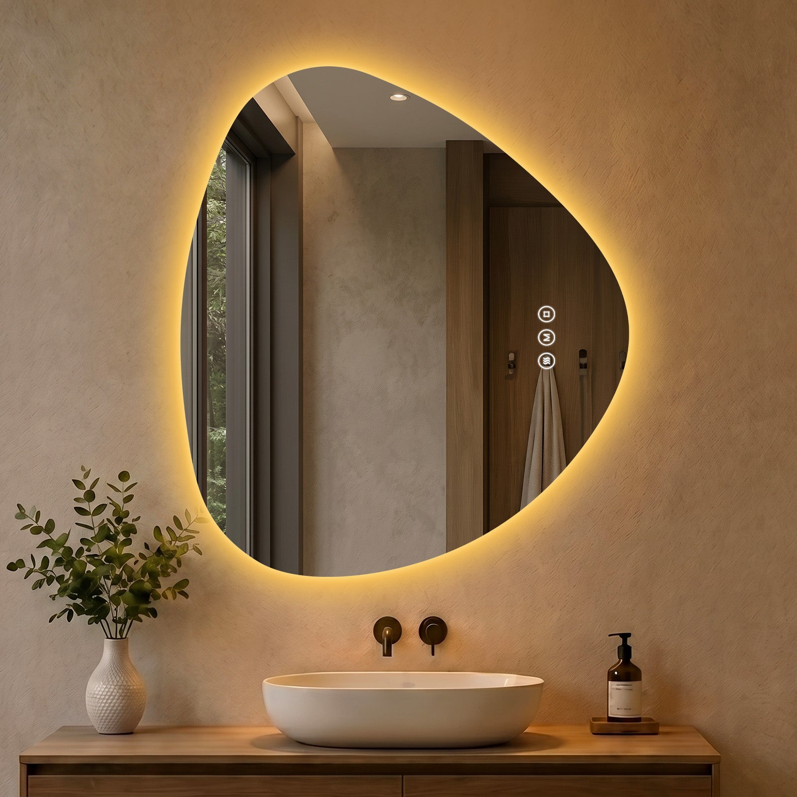 Lustro z oświetleniem LED asymetryczne 60 × 70 cm, lustro łazienkowe podświetlane bez ramy, 3 barwy światła, funkcja przeciwmgielna, pamięć ustawień