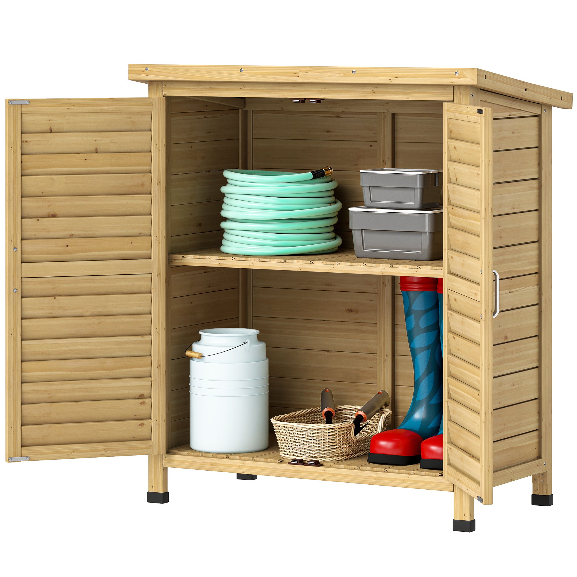 Drewniana altana ogrodowa 87x46,5x96,5 cm, 2 drzwi, 2 półki, dach skośny
