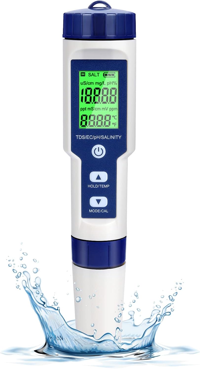 Elektroniczny tester pH, 5 w 1 tester wody basenowej z podświetleniem, pH/TDS/EC/zasolenie/temperatura z ATC, wysoce precyzyjny miernik pH z rozdzielc