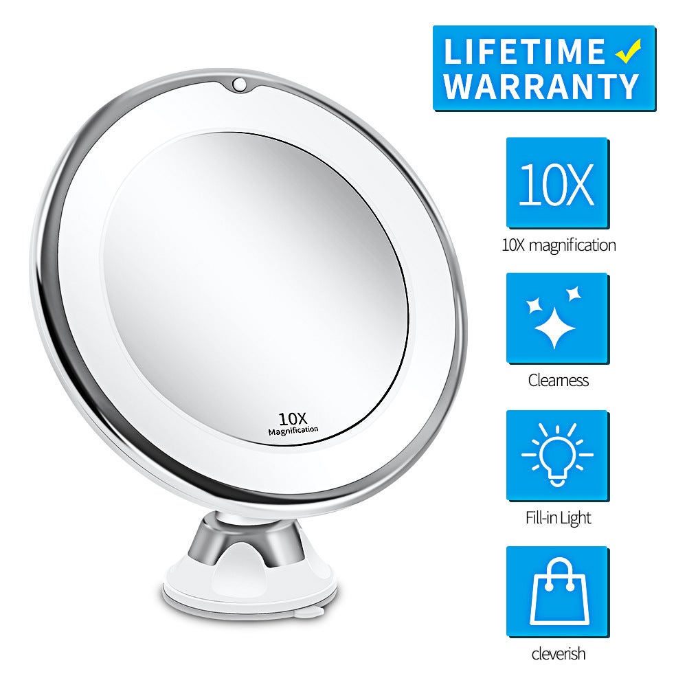 Lusterko powiększające do makijażu 10x z oświetleniem LED, 1 przegub kulowy z regulacją 360°, przenośne lusterko kosmetyczne, do łazienki, podróży