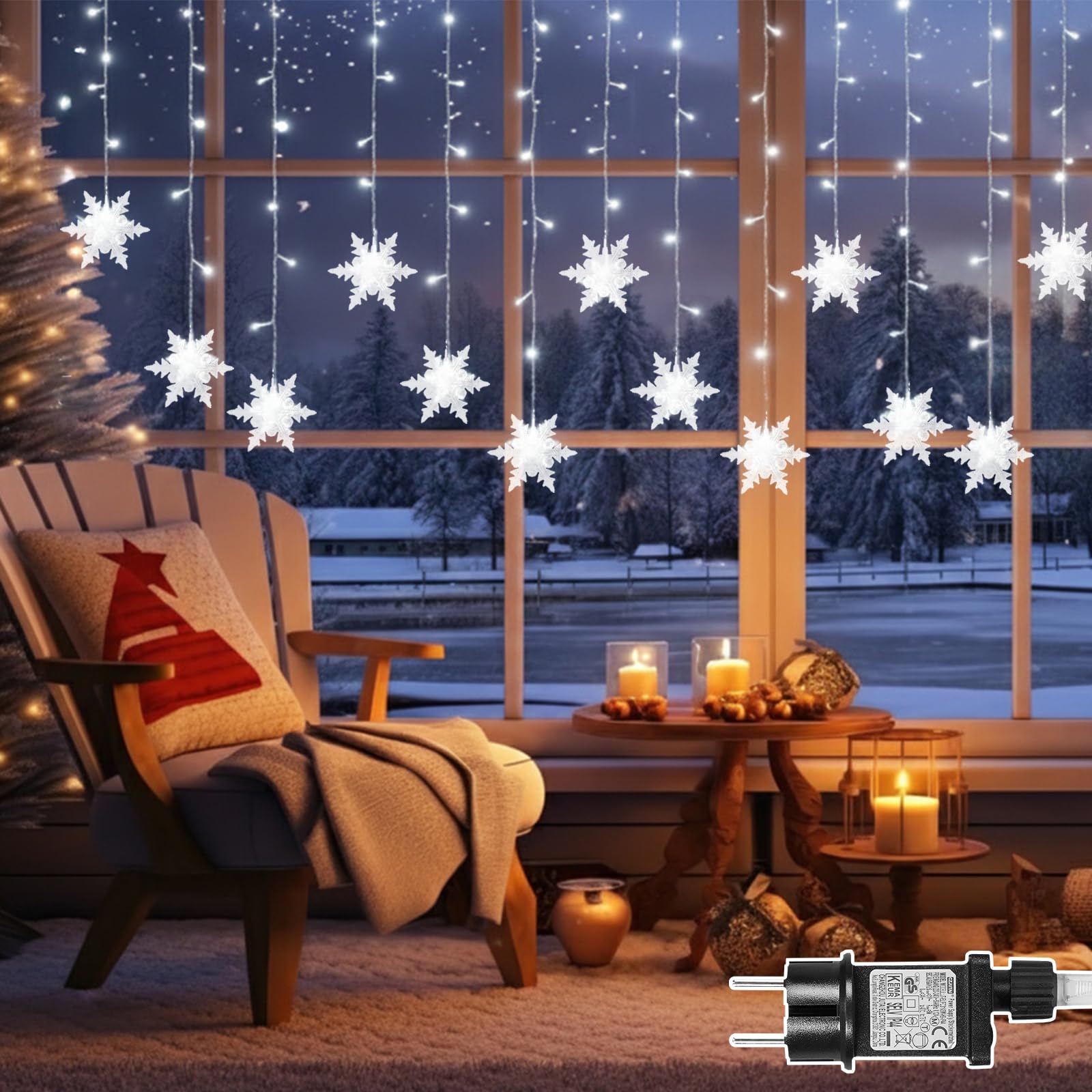2 SZTUKI Kurtyna świetlna z płatkami śniegu, 1,8 m, 94 diody LED, łańcuch świetlny z timerem, 8 trybów świecenia i funkcją pamięci –Biały