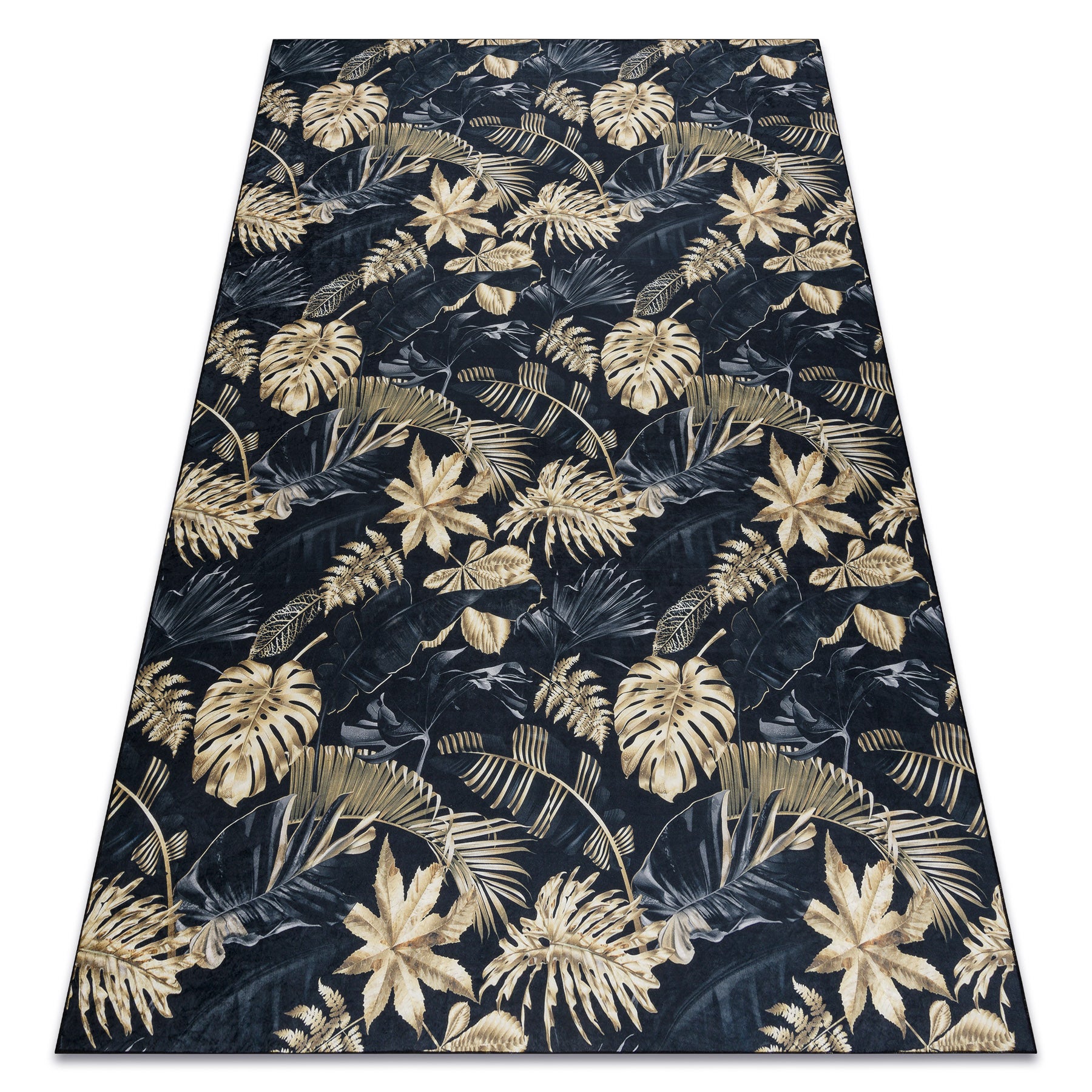 Dywan do prania ANDRE 1311 Liście Monstera antypoślizgowy - czarny / złoty 160x220 cm
