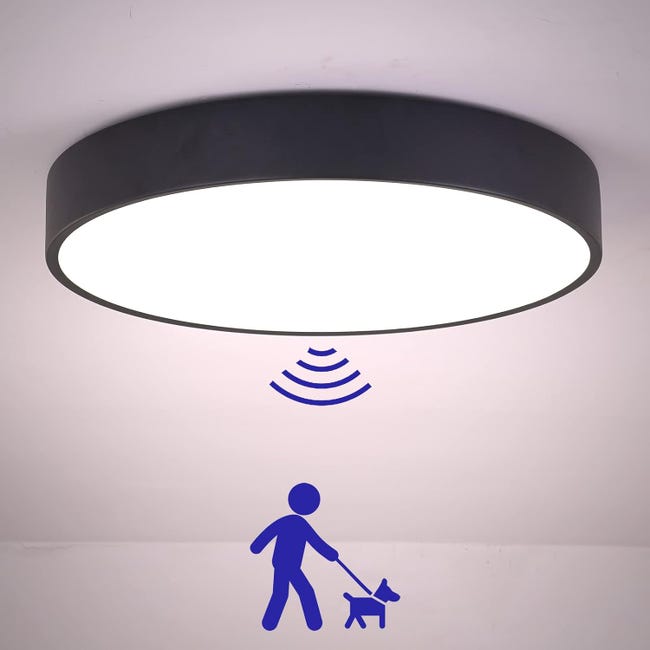 Lampa sufitowa LED, okrągła, nowoczesna lampa sufitowa 12 W, czarna lampa sufitowa z czujnikiem ruchu, wodoodporna IP54, pyłoszczelna, lampa LED do u