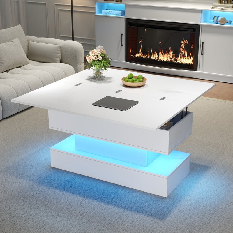 Podnoszony stolik kawowy z rozkładanym blatem - 100 x 50 x 51,5 cm - gniazdo USB-C i diody LED - płyta wiórowa - biały