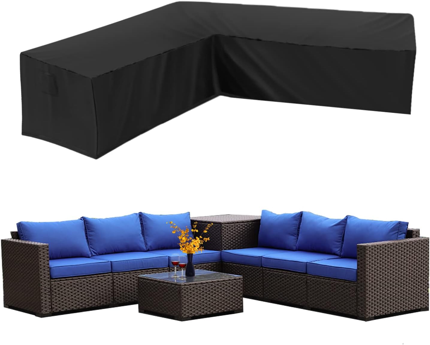 Wodoodporny pokrowiec na narożną sofę ogrodową 210D Oxford, odporny na kurz, pokrowiec na meble ogrodowe w kształcie litery L (300×300×98cm)