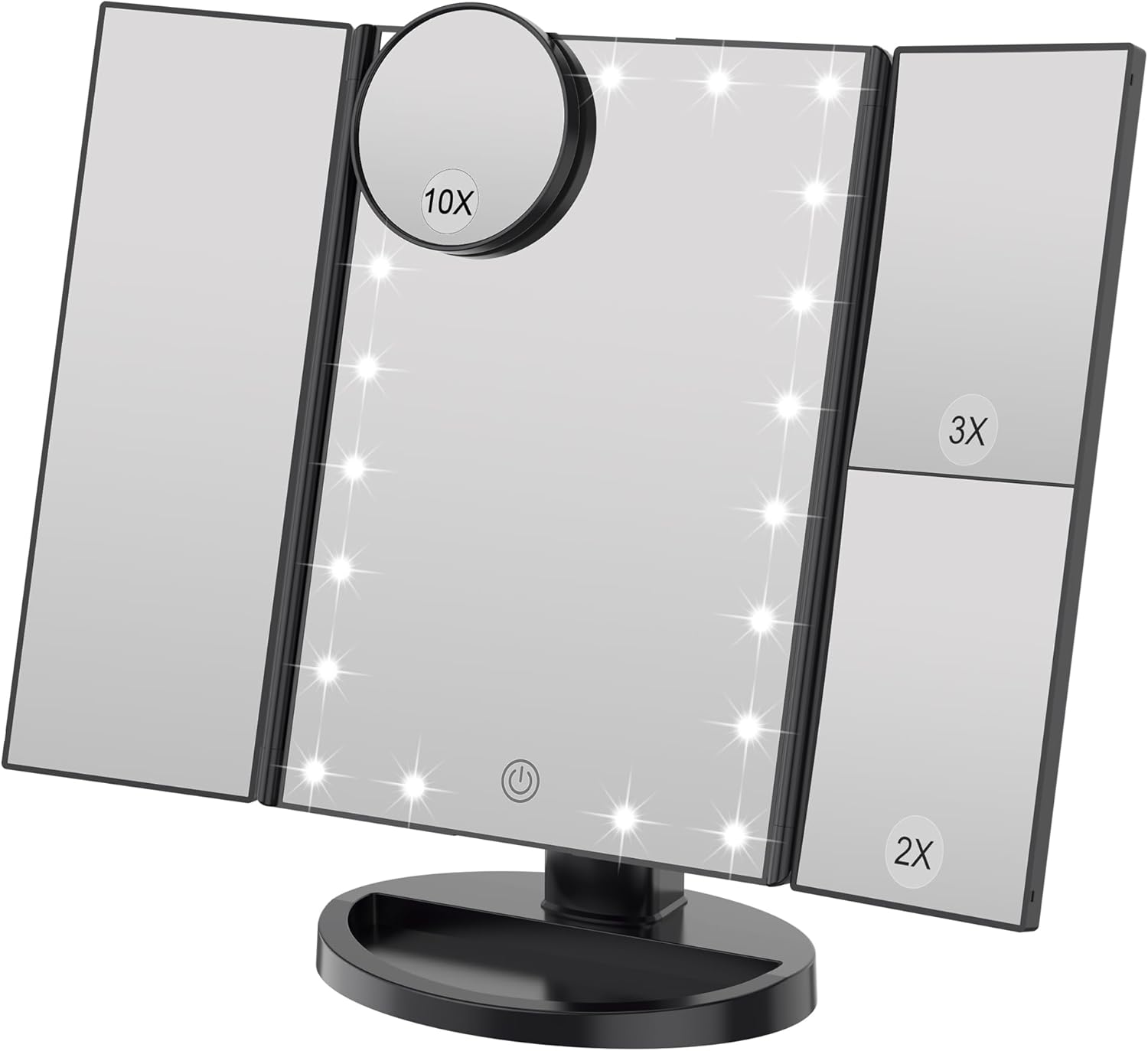 Lustro do makijażu z regulowaną jasnością, 22 diodami LED i powiększeniem 1X/2X/3X, podwójne zasilanie (czarne)