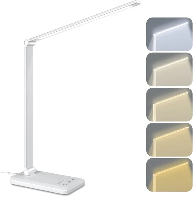 Ściemnialna lampka biurkowa LED, 5 temperatur barwowych i 5 poziomów jasności, biała (z kablem USB)