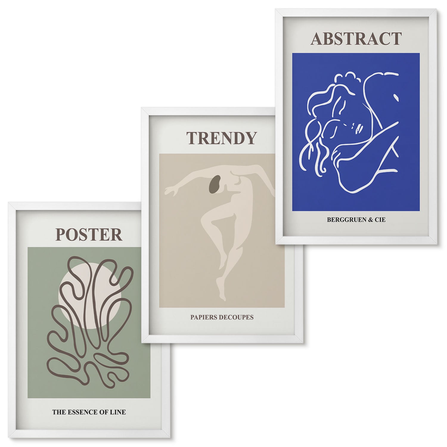 Zestaw obrazów w ramie - 3 części | Henri Matisse pastelowe ilustracje | Biała ramka