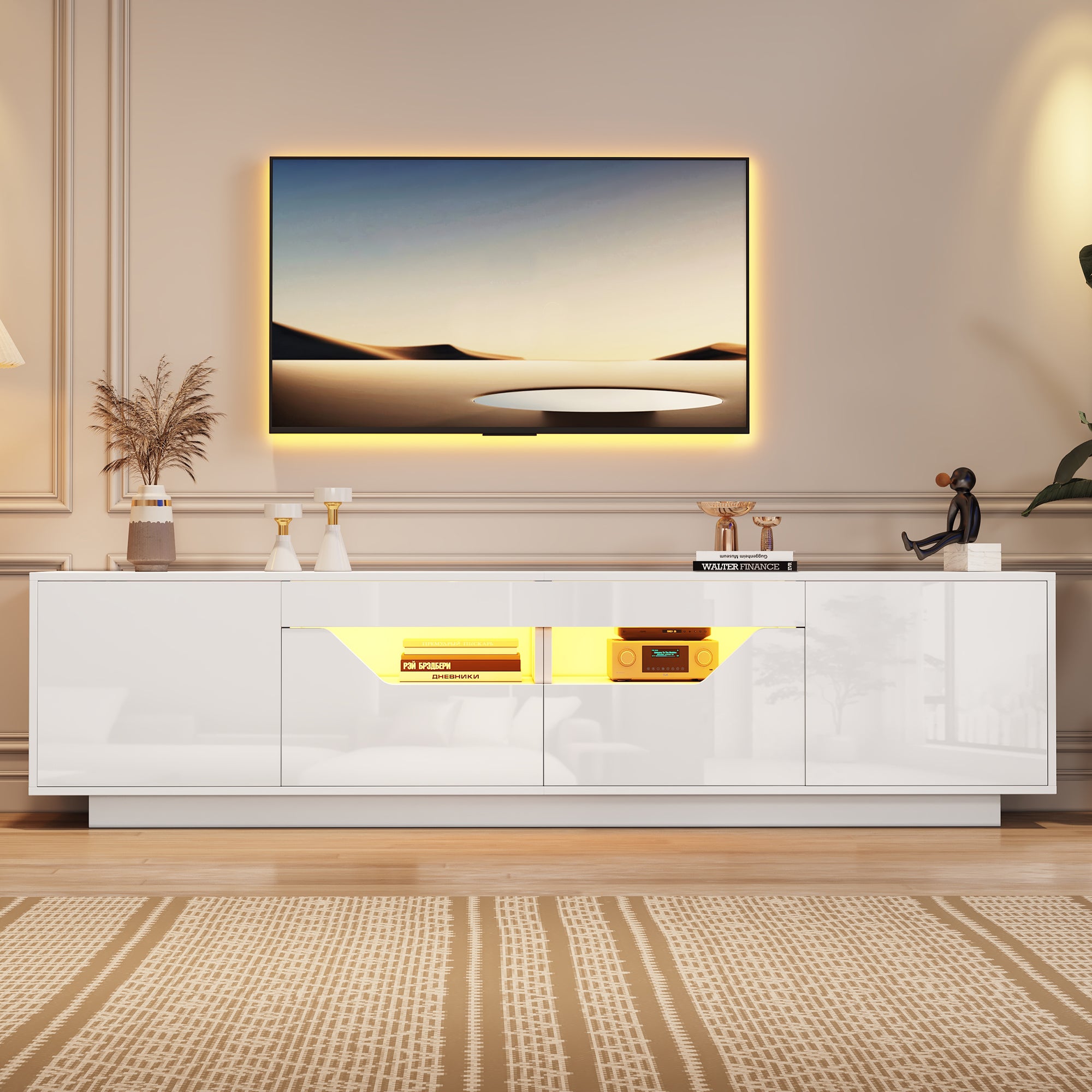 Błyszcząca szafa pod TV 180x40x45 cm - z oświetleniem LED - 2 szuflady i 2 drzwi - Kompatybilna z telewizorami 75 cali - biała