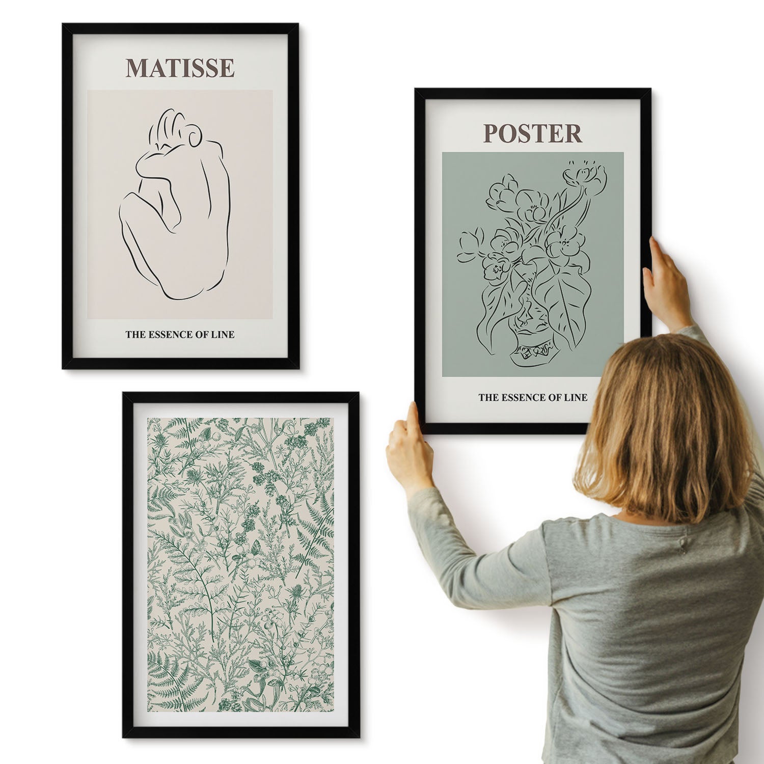 Galeria ścienna 3-częściowy komplet obrazów w czarnych ramach - Linie i roślinne wzory w minimalistycznym stylu - ArtPrintCave