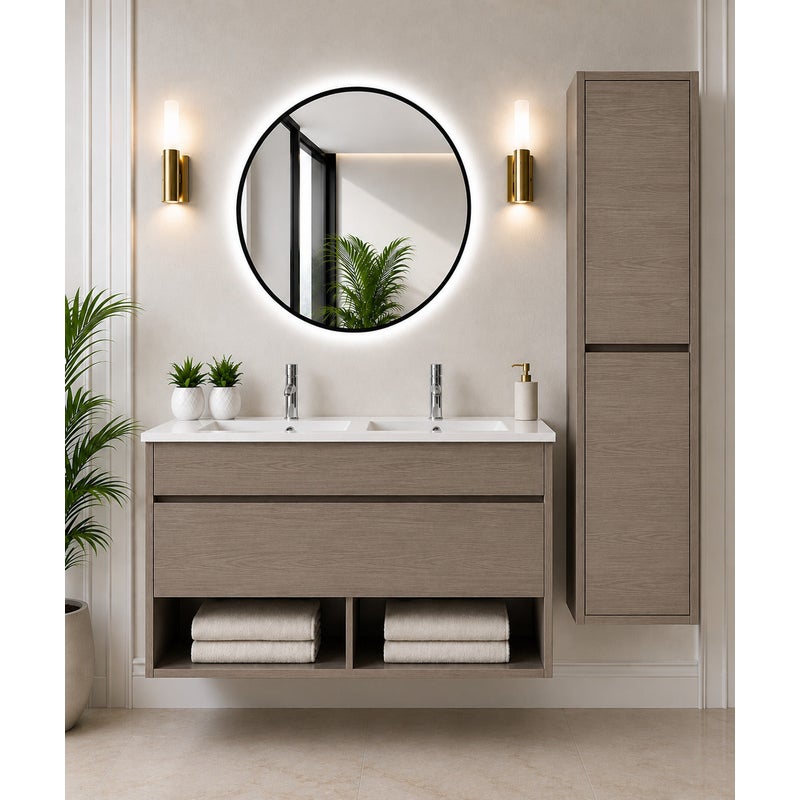 Wisząca szafka łazienkowa z umywalką ORIGENBATH NEBARI z szufladą z kolumną 120x45 cm podwójna umywalka dąb smoky z kolumną
